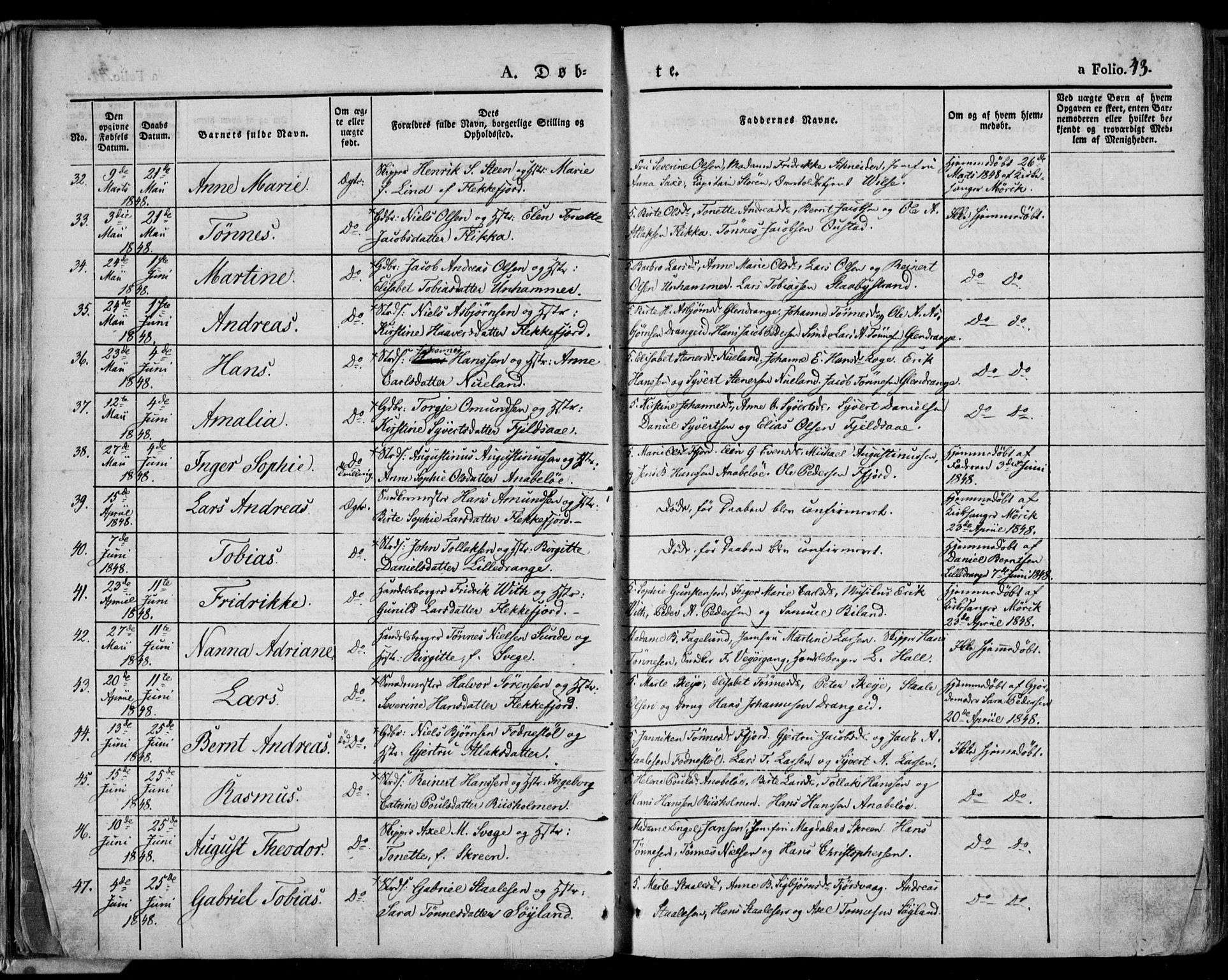 Flekkefjord sokneprestkontor, AV/SAK-1111-0012/F/Fa/Fac/L0004: Ministerialbok nr. A 4, 1841-1849, s. 43