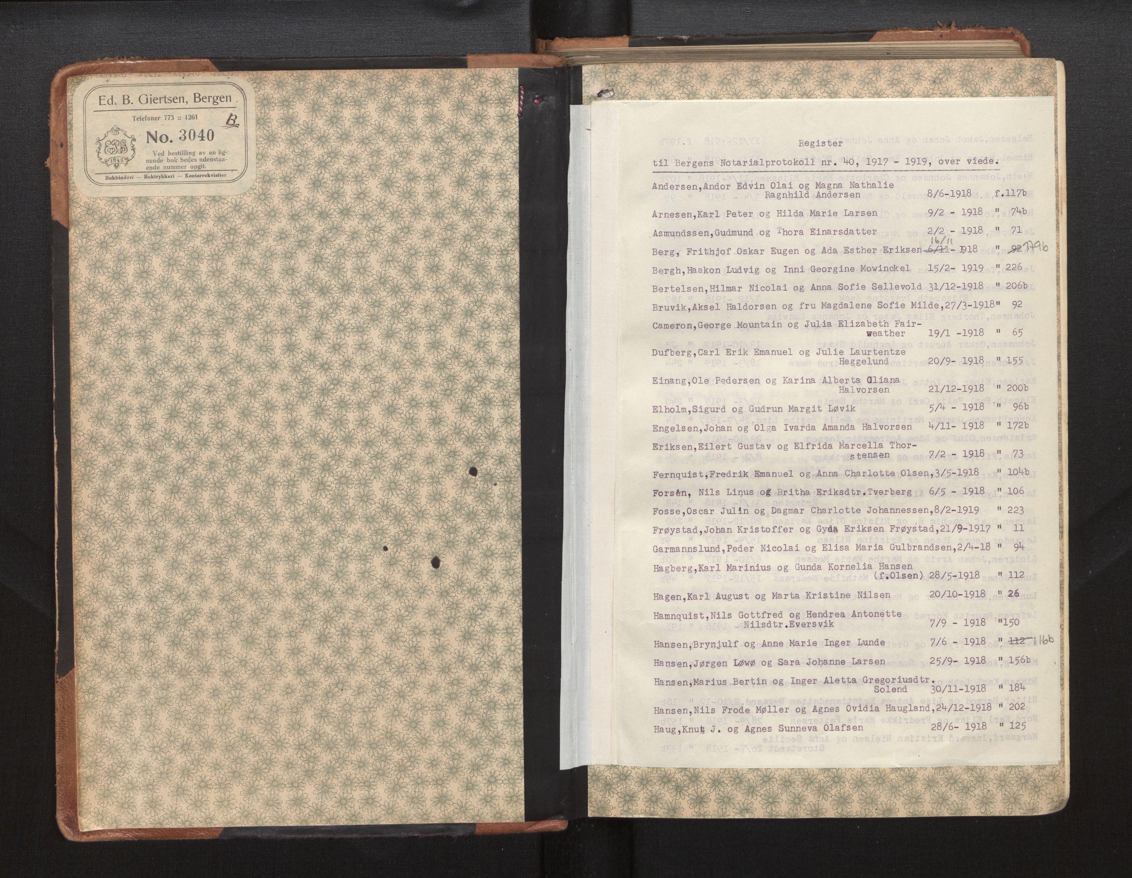 Byfogd og Byskriver i Bergen, SAB/A-3401/10/10A/L0040: Notarialprotokoller, 1917-1919