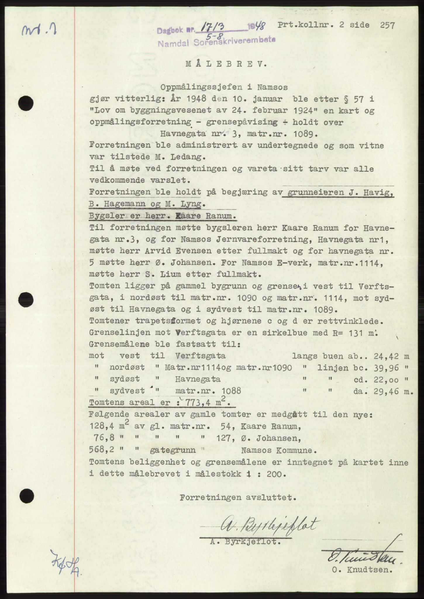 Namdal sorenskriveri, SAT/A-4133/1/2/2C: Pantebok nr. -, 1948-1948, Dagboknr: 1713/1948