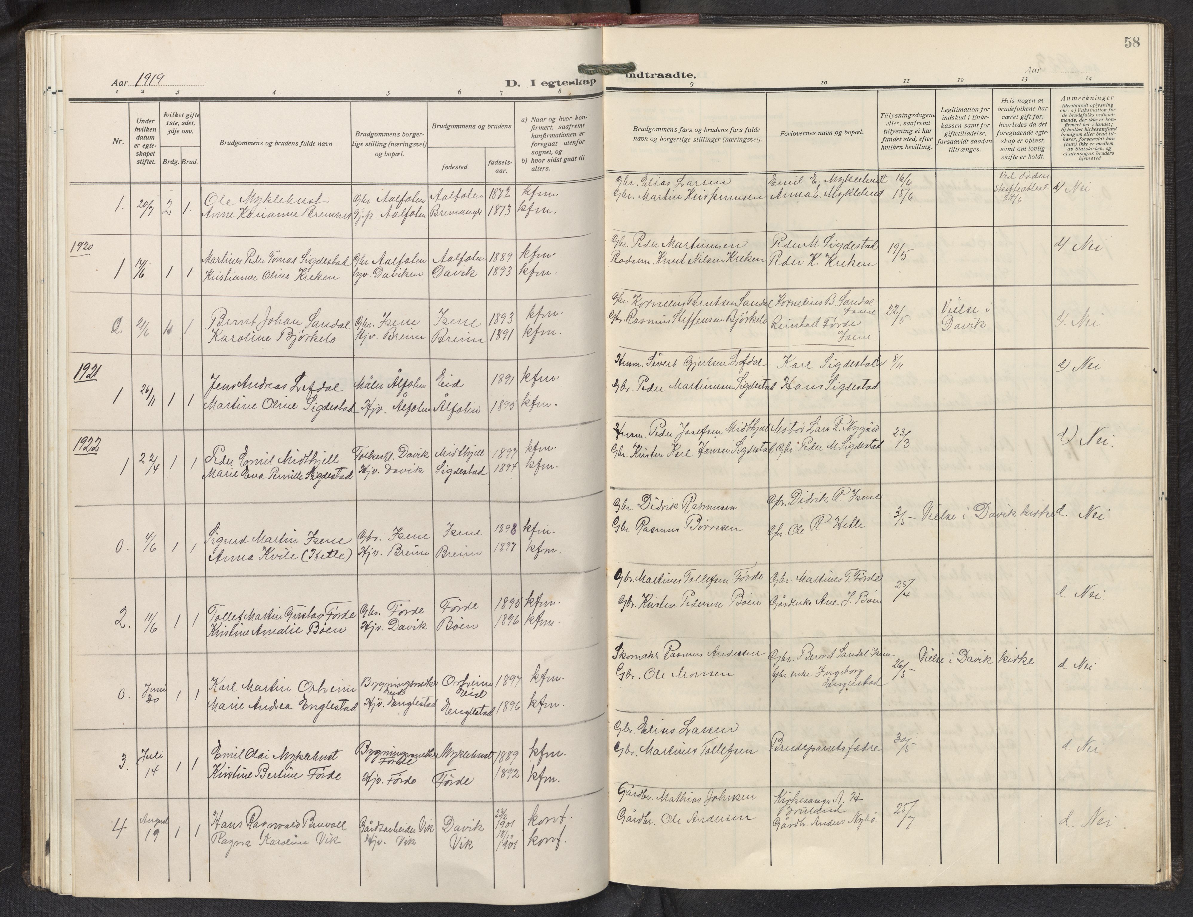 Davik sokneprestembete, AV/SAB-A-79701/H/Hab/Habd/L0003: Klokkerbok nr. D 3, 1917-1953, s. 57b-58a