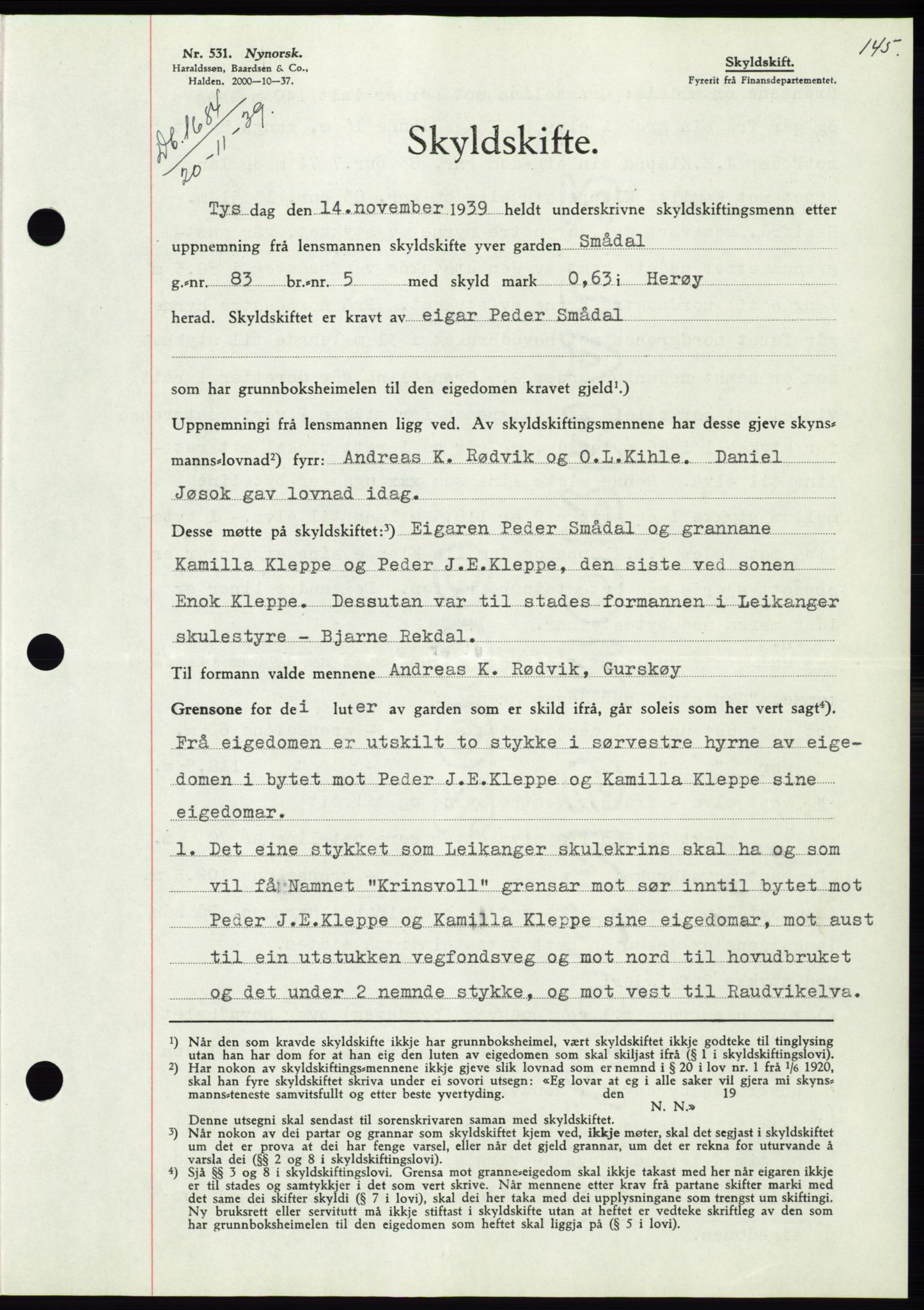 Søre Sunnmøre sorenskriveri, SAT/A-4122/1/2/2C/L0069: Pantebok nr. 63, 1939-1940, Dagboknr: 1684/1939