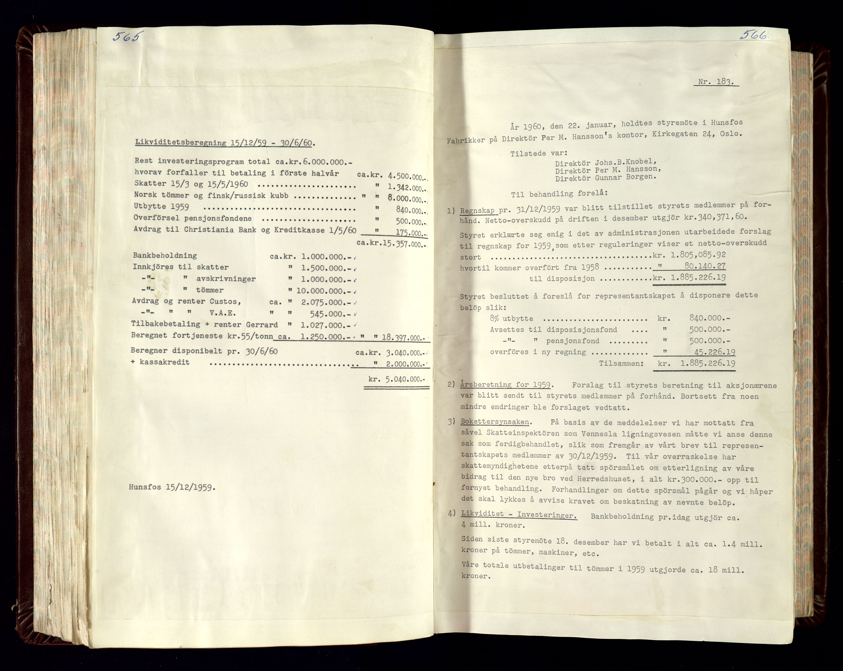 Hunsfos fabrikker, SAK/D/1440/02/L0007: Referatprotokoll fra styremøter (møte nr 114-221), 1951-1964, s. 565-566