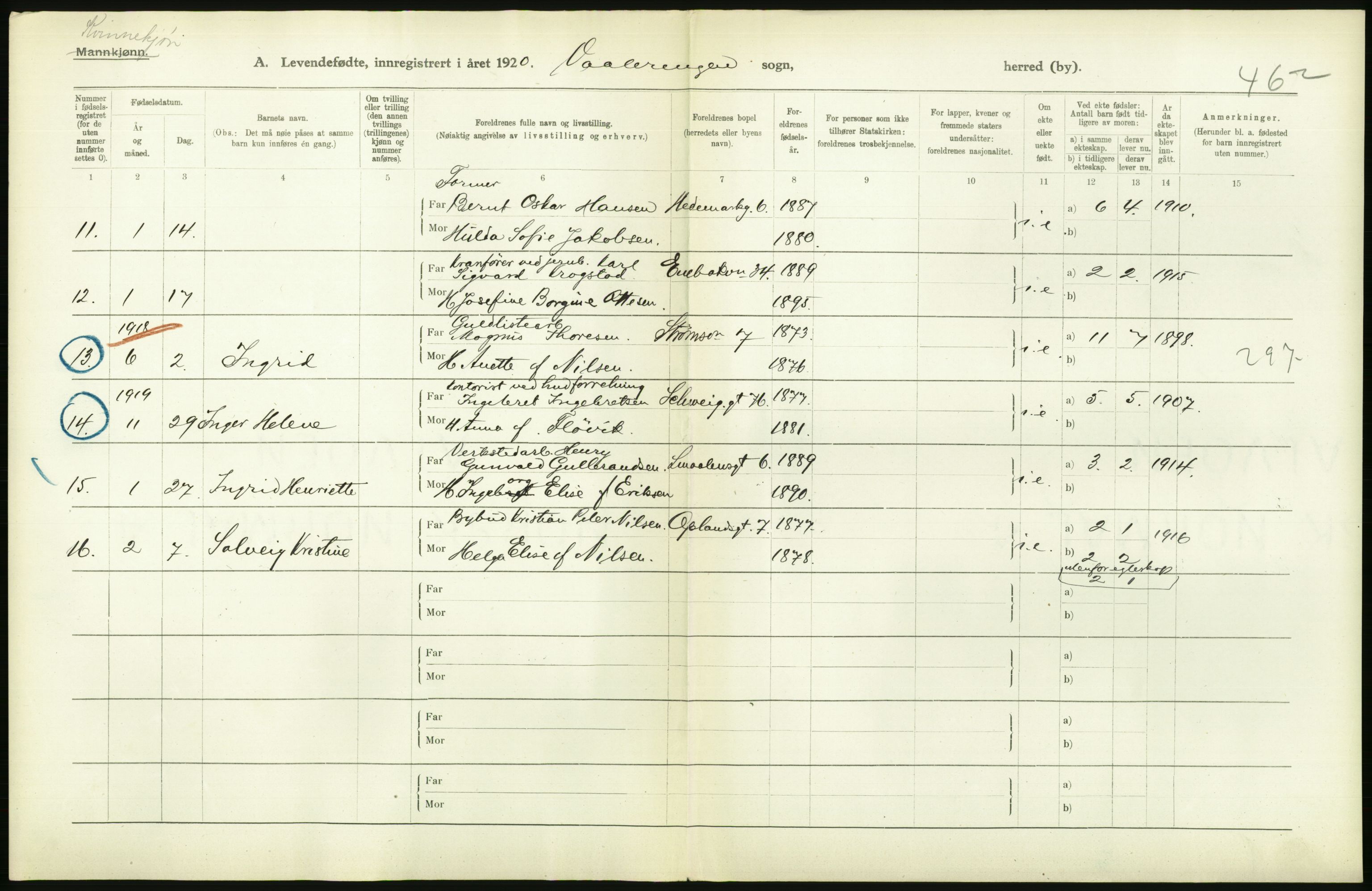 Statistisk sentralbyrå, Sosiodemografiske emner, Befolkning, RA/S-2228/D/Df/Dfb/Dfbj/L0008: Kristiania: Levendefødte menn og kvinner., 1920, s. 58