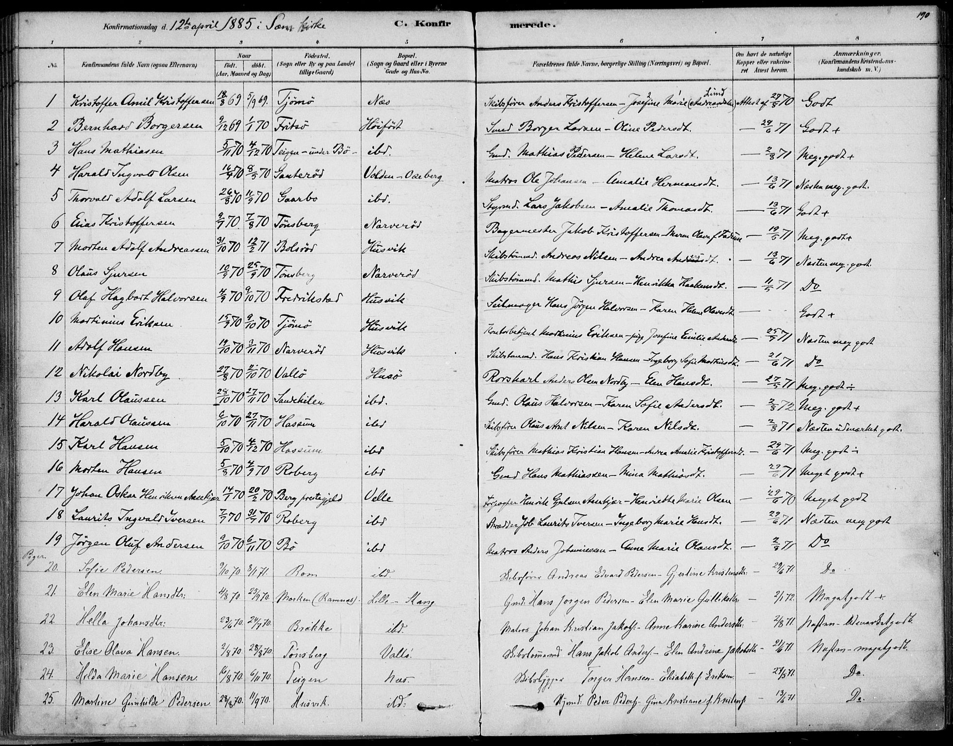 Sem kirkebøker, AV/SAKO-A-5/F/Fb/L0004: Ministerialbok nr. II 4, 1878-1891, s. 190