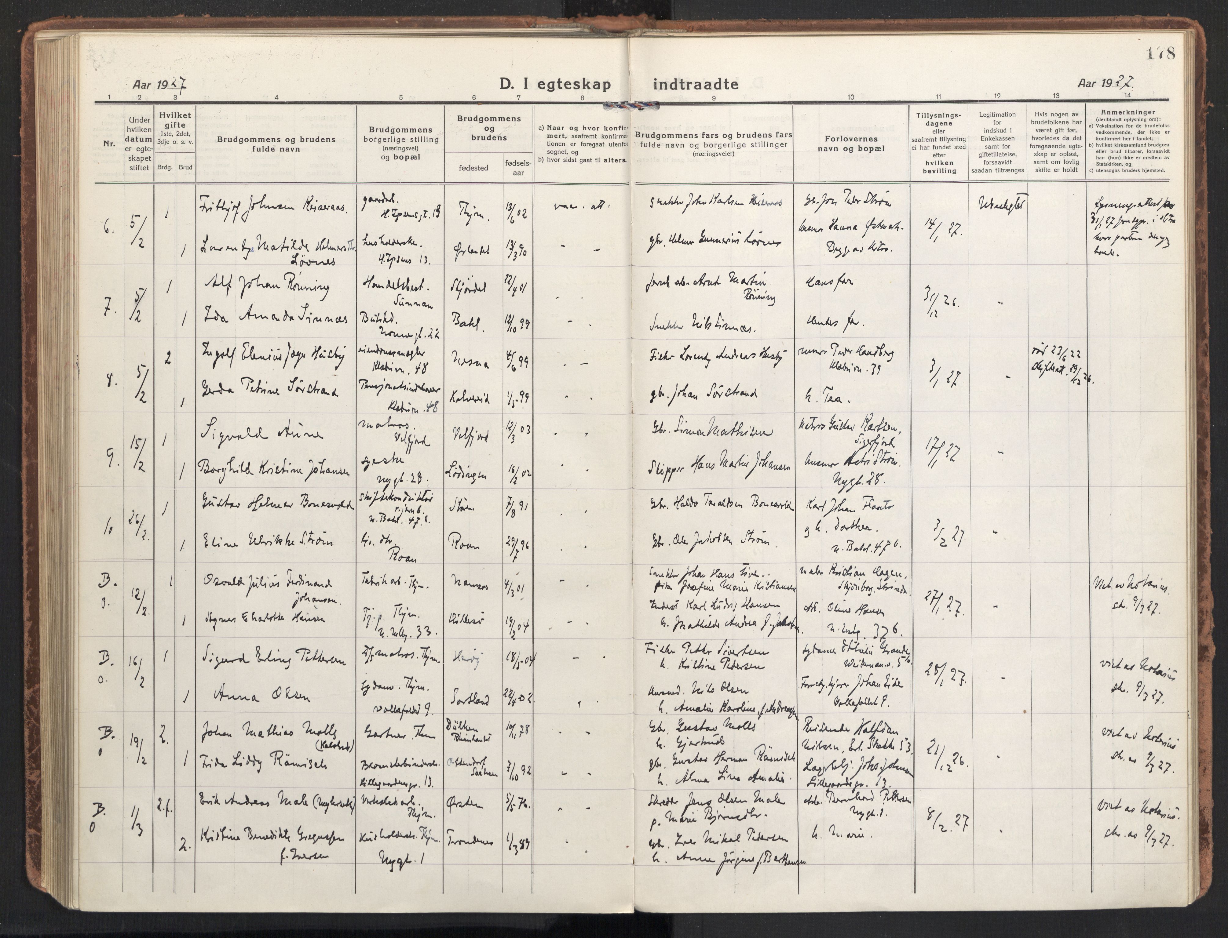 Ministerialprotokoller, klokkerbøker og fødselsregistre - Sør-Trøndelag, AV/SAT-A-1456/604/L0206: Ministerialbok nr. 604A26, 1917-1931, s. 178