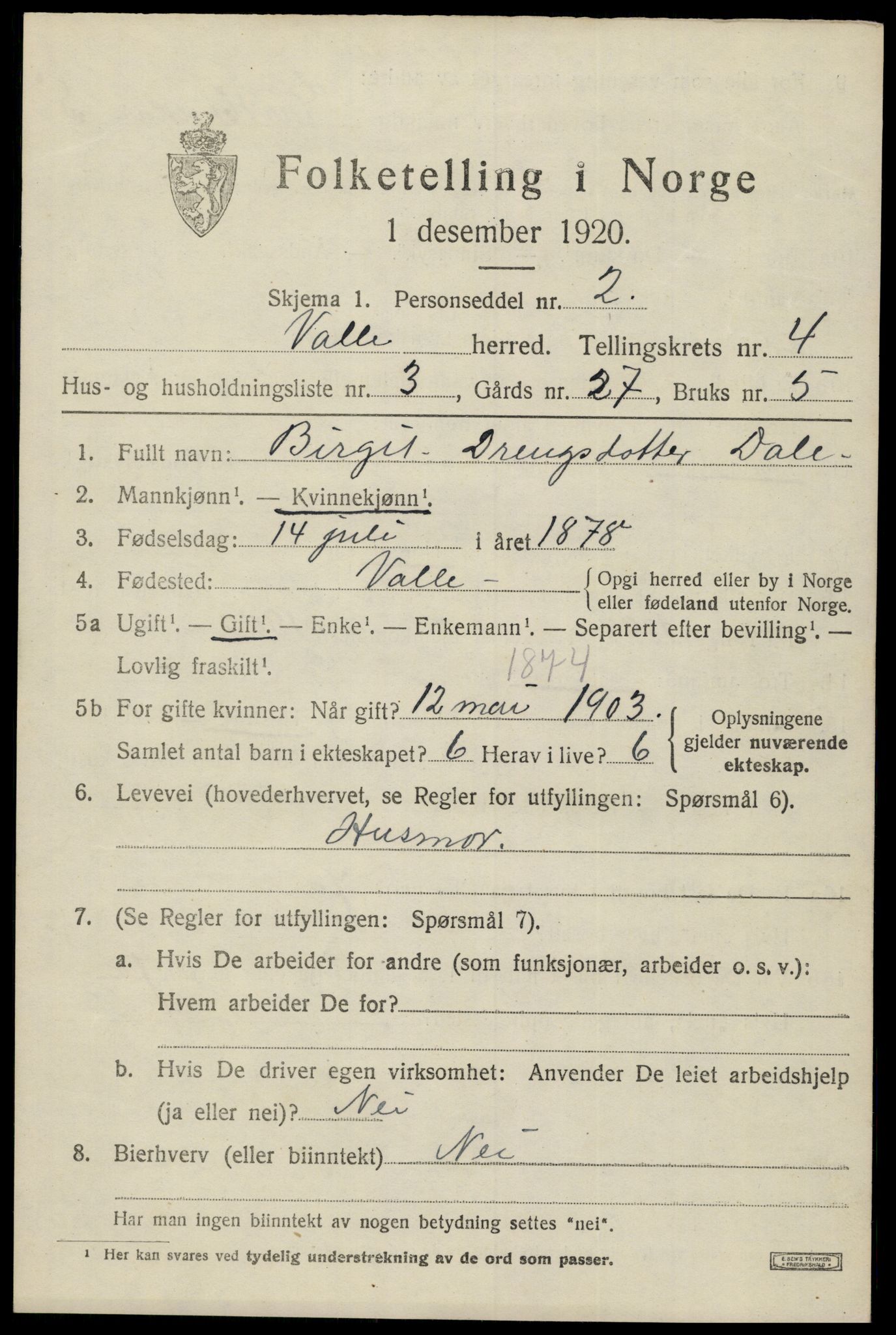 SAK, Folketelling 1920 for 0940 Valle herred, 1920, s. 2011
