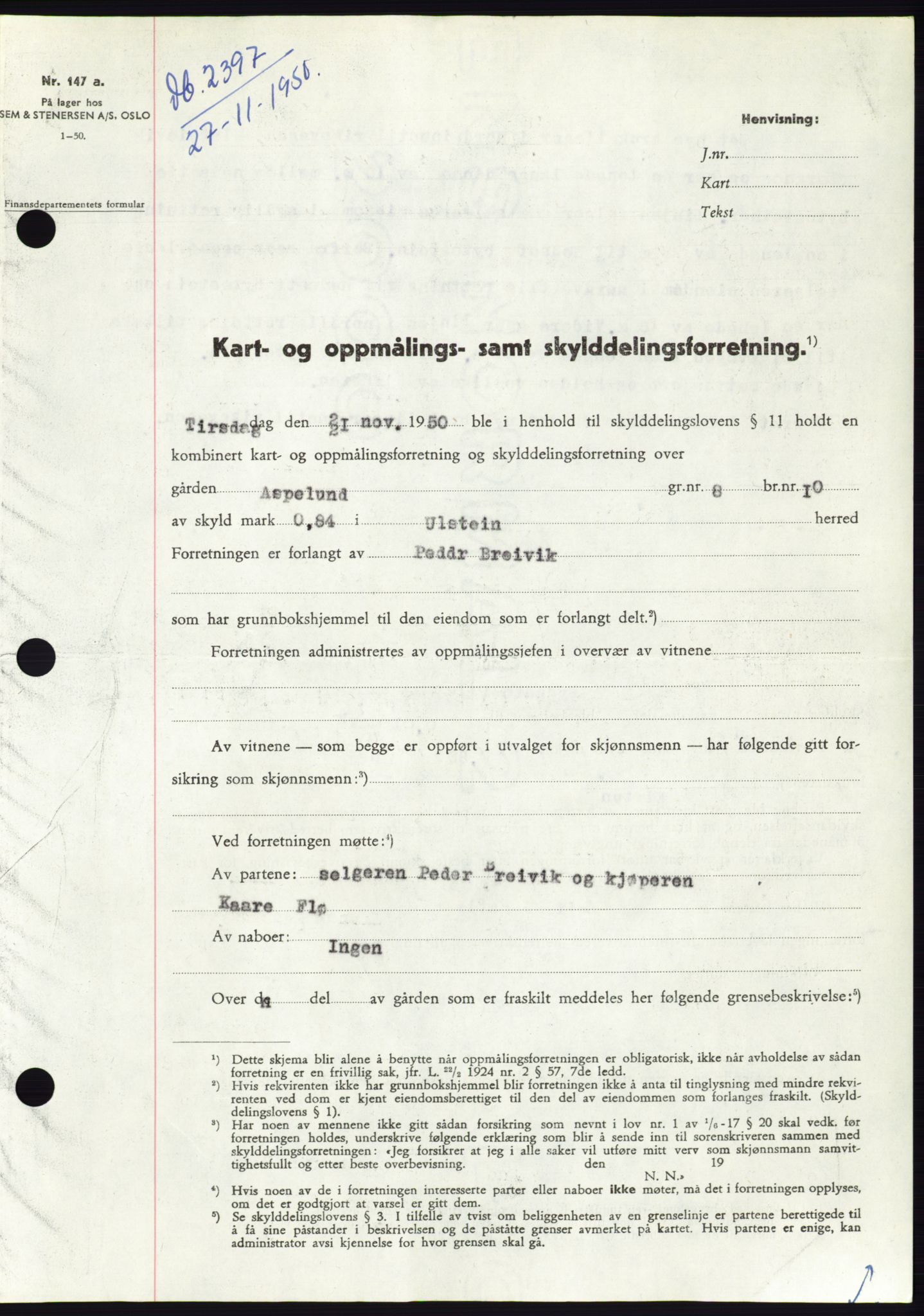 Søre Sunnmøre sorenskriveri, SAT/A-4122/1/2/2C/L0088: Pantebok nr. 14A, 1950-1951, Dagboknr: 2397/1950