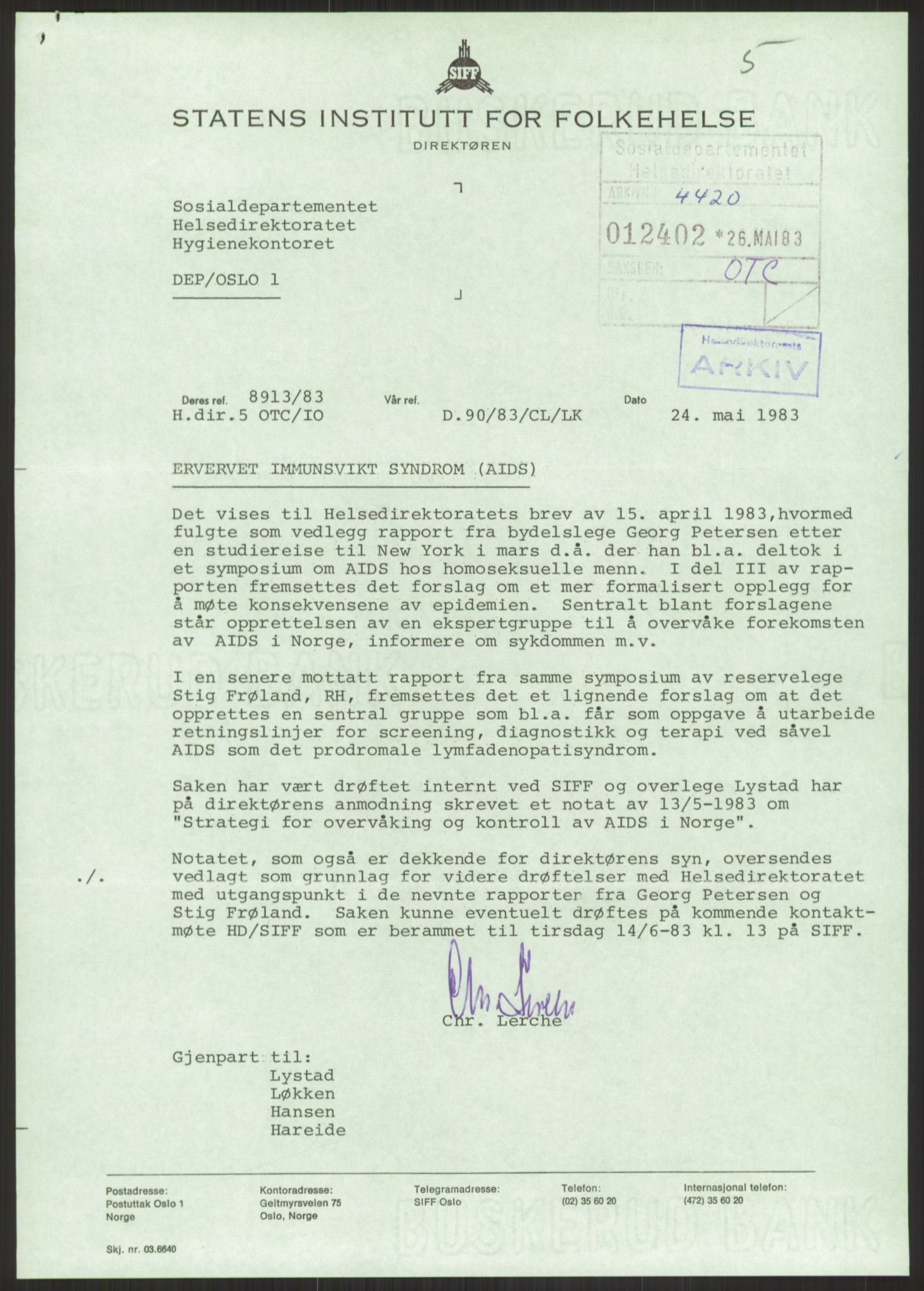 Sosialdepartementet, Helsedirektoratet, Hygienekontoret, H5, AV/RA-S-1287/2/D/Dc/L0151/0001: -- / Aids, 1983, s. 83