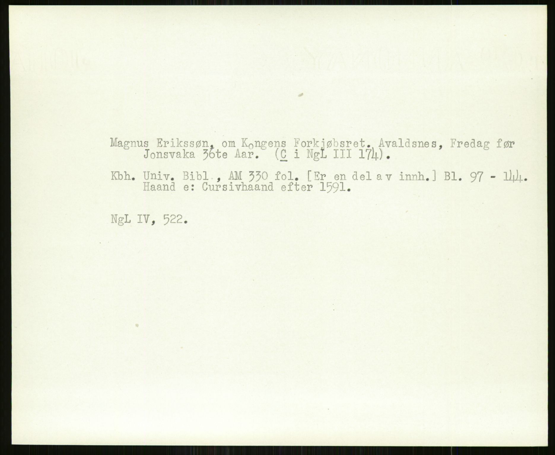 Norsk Historisk Kjeldeskrift-Institutt (NHKI), AV/RA-S-6117/G/Gc/L0029: Tematisk register til Gustav Storms håndskriftbeskrivelser i NgL bd. IV, 1315-1377, s. 497