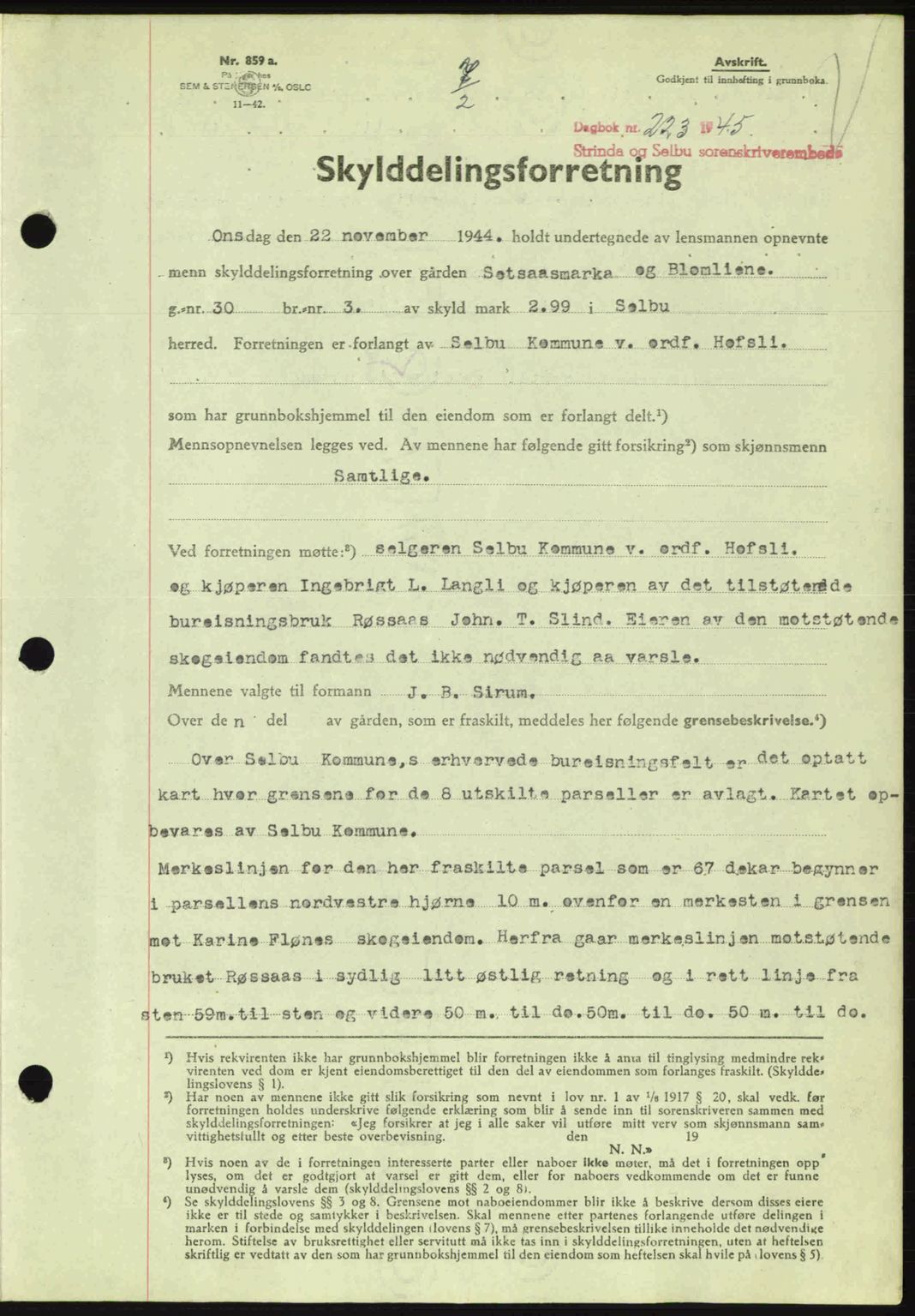 Strinda og Selbu sorenskriveri, SAT/A-0015/2/2C: Pantebok nr. A9, 1944-1945, Dagboknr: 223/1945