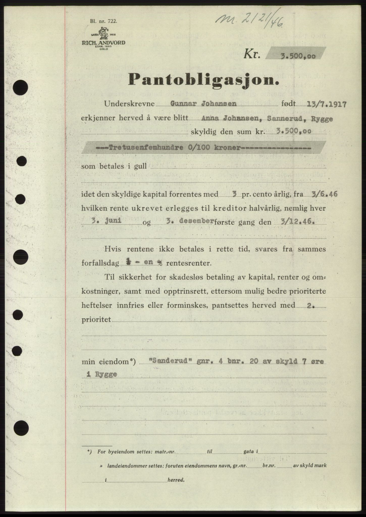 Moss sorenskriveri, SAO/A-10168: Pantebok nr. B15, 1946-1946, Dagboknr: 2121/1946