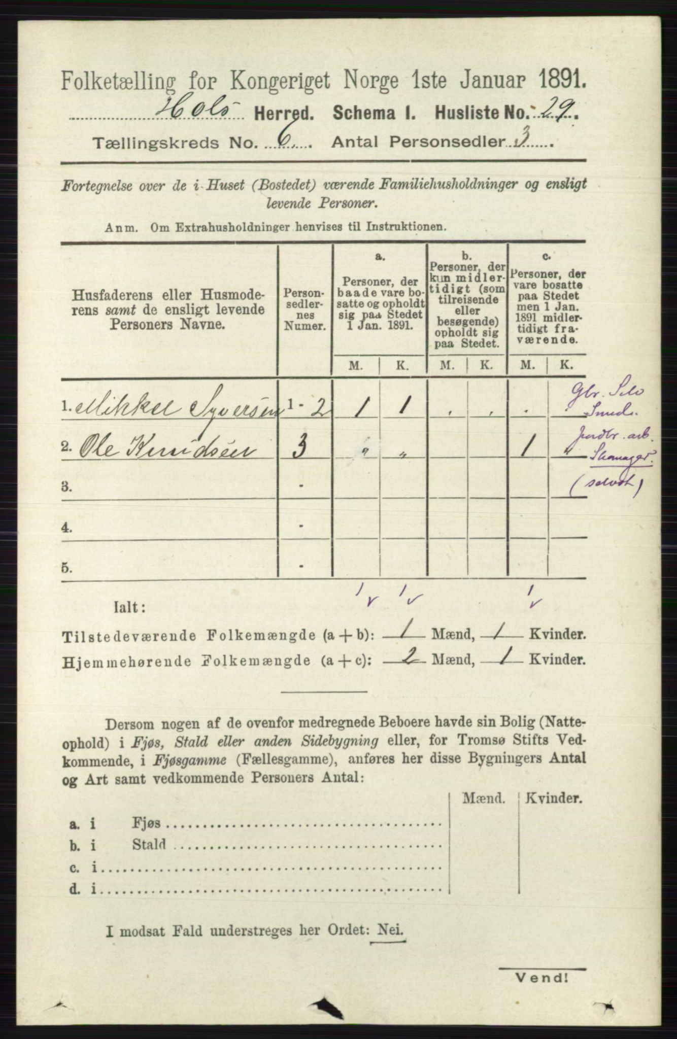 RA, Folketelling 1891 for 0620 Hol herred, 1891, s. 1740