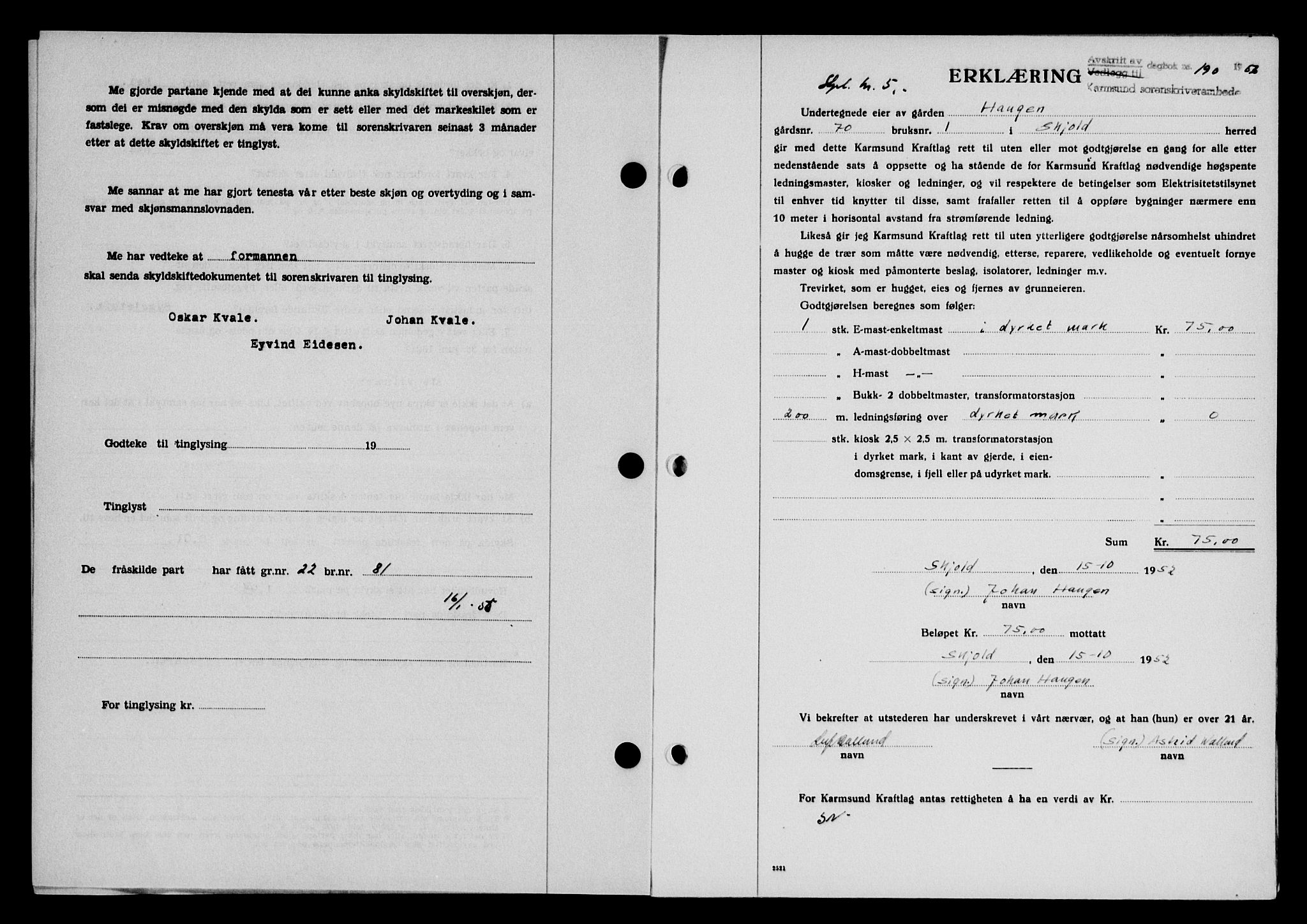 Karmsund sorenskriveri, SAST/A-100311/01/II/IIB/L0118: Pantebok nr. 98A, 1955-1956, Dagboknr: 190/1956