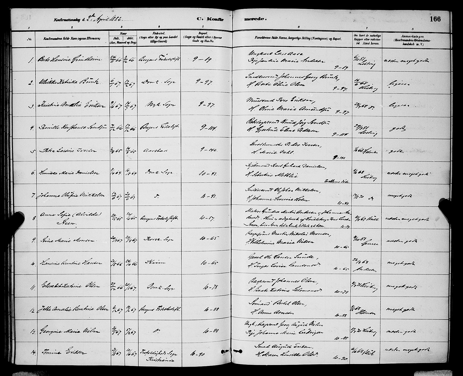 Domkirken sokneprestembete, AV/SAB-A-74801/H/Hab/L0024: Klokkerbok nr. C 4, 1880-1899, s. 166