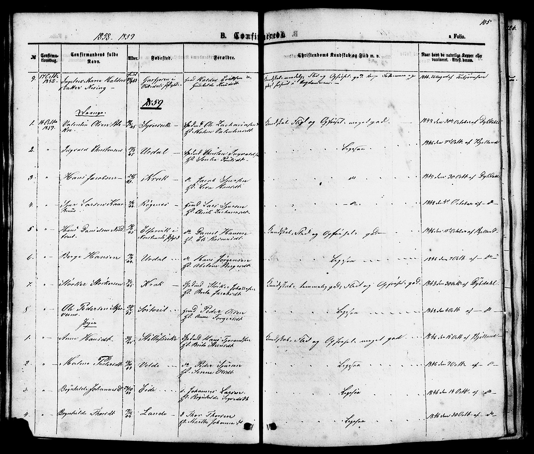 Skjold sokneprestkontor, SAST/A-101847/H/Ha/Haa/L0007: Ministerialbok nr. A 7, 1857-1882, s. 105