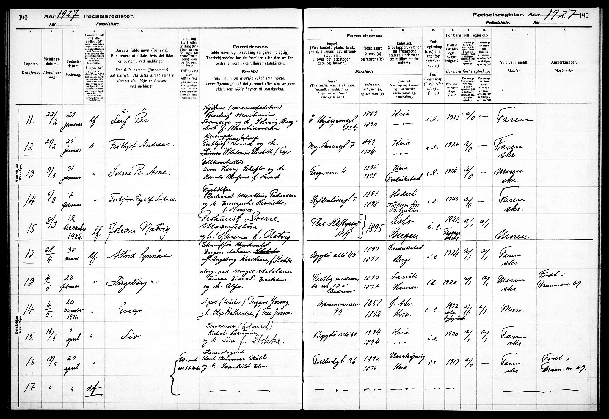 Frogner prestekontor Kirkebøker, AV/SAO-A-10886/J/Ja/L0001: Fødselsregister nr. 1, 1916-1927, s. 190