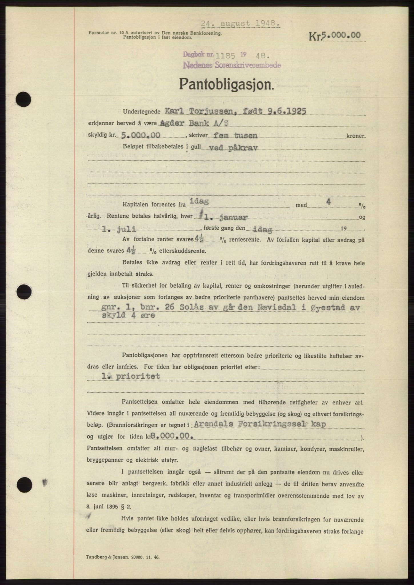 Nedenes sorenskriveri, AV/SAK-1221-0006/G/Gb/Gbb/L0005: Pantebok nr. B5, 1948-1948, Dagboknr: 1185/1948