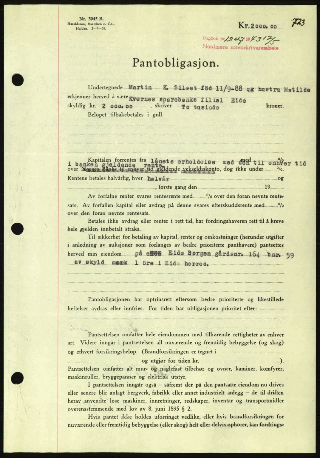 Nordmøre sorenskriveri, SAT/A-4132/1/2/2Ca: Pantebok nr. B90, 1942-1943, Dagboknr: 1247/1943