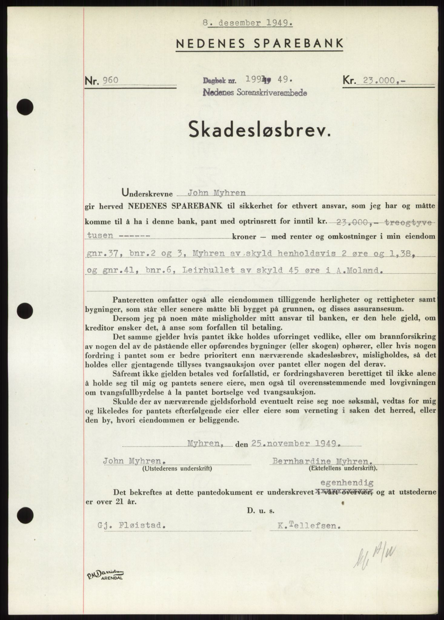 Nedenes sorenskriveri, SAK/1221-0006/G/Gb/Gbb/L0007: Pantebok nr. B7, 1949-1950, Dagboknr: 1991/1949