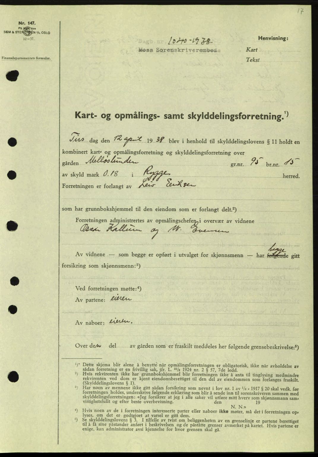 Moss sorenskriveri, SAO/A-10168: Pantebok nr. A4, 1938-1938, Dagboknr: 1040/1938