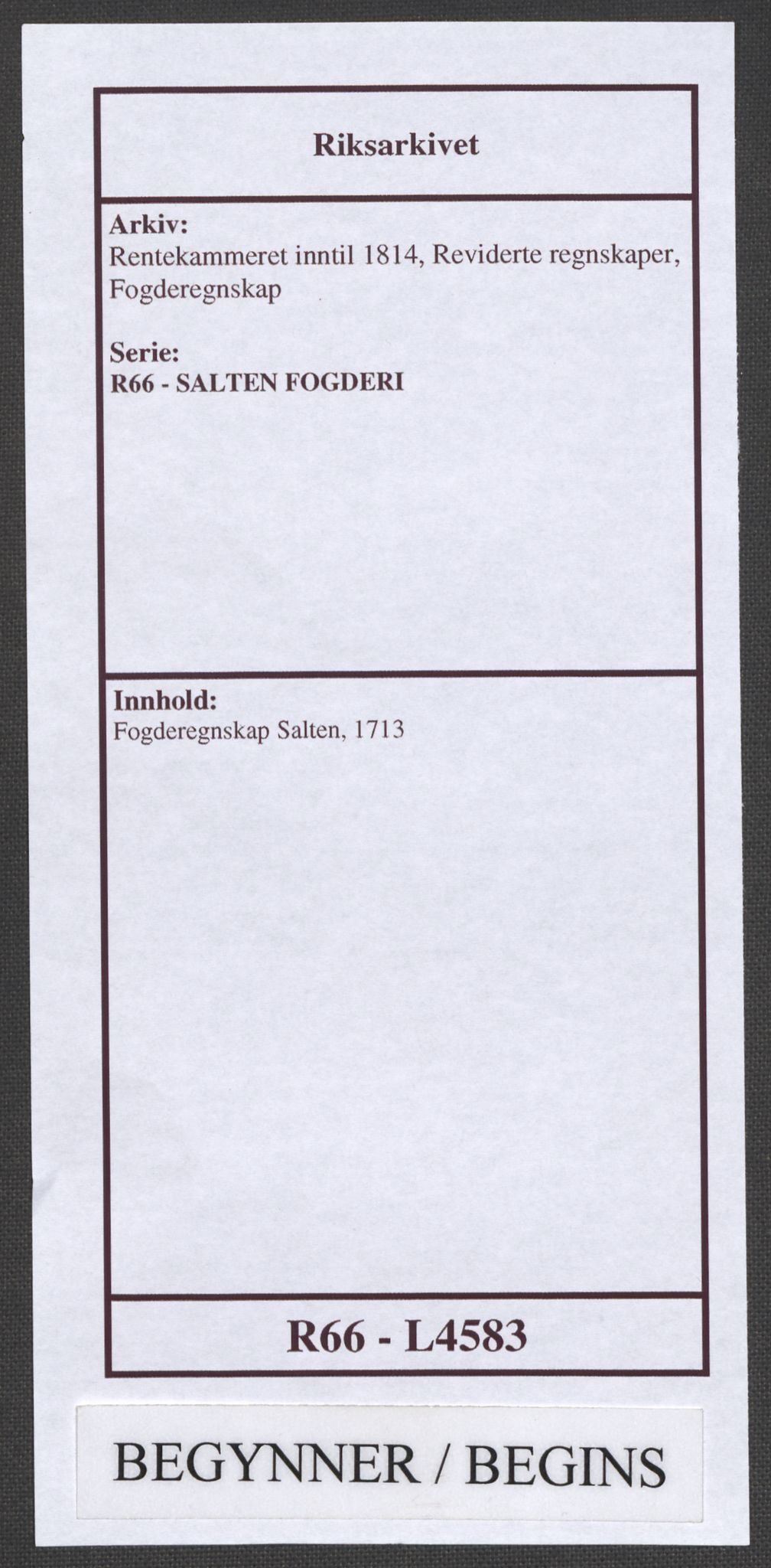 Rentekammeret inntil 1814, Reviderte regnskaper, Fogderegnskap, RA/EA-4092/R66/L4583: Fogderegnskap Salten, 1713, s. 1