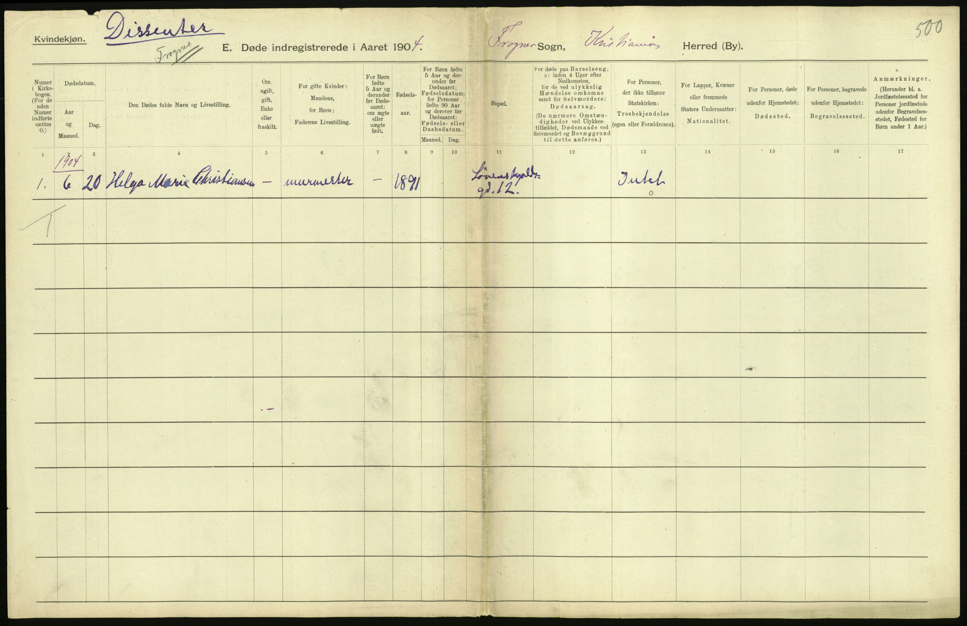 Statistisk sentralbyrå, Sosiodemografiske emner, Befolkning, RA/S-2228/D/Df/Dfa/Dfab/L0004: Kristiania: Gifte, døde, 1904, s. 265