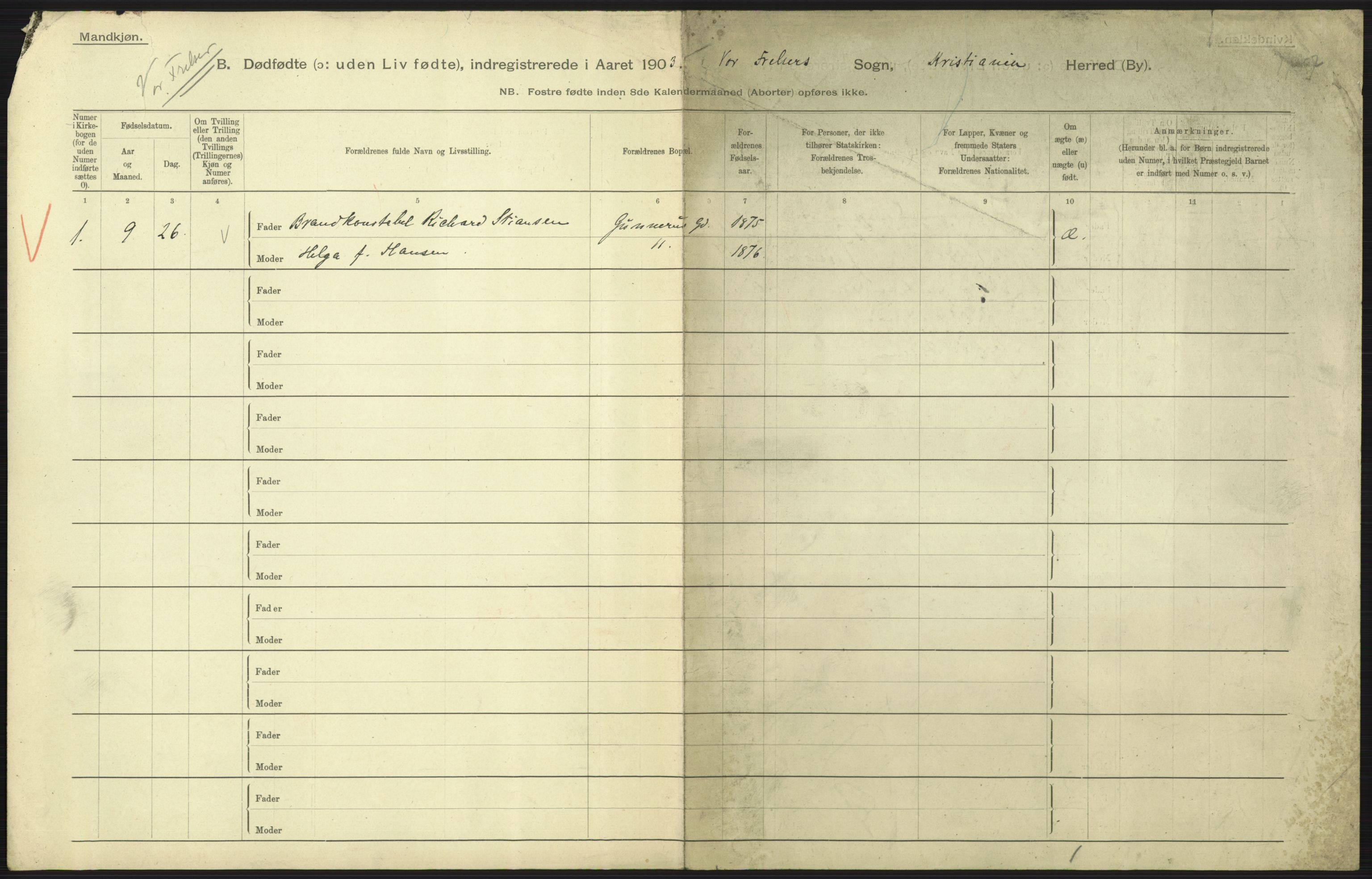 Statistisk sentralbyrå, Sosiodemografiske emner, Befolkning, AV/RA-S-2228/D/Df/Dfa/Dfaa/L0026: Smålenenes - Finnmarkens amt: Dødfødte. Byer., 1903, s. 13