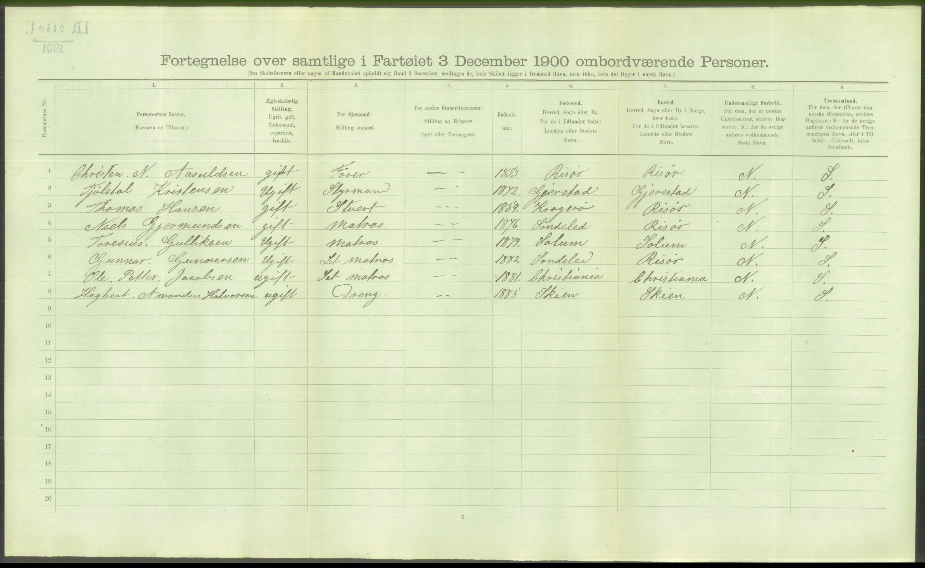 RA, Folketelling 1900 - skipslister med personlister for skip i norske havner, utenlandske havner og til havs, 1900, s. 3650