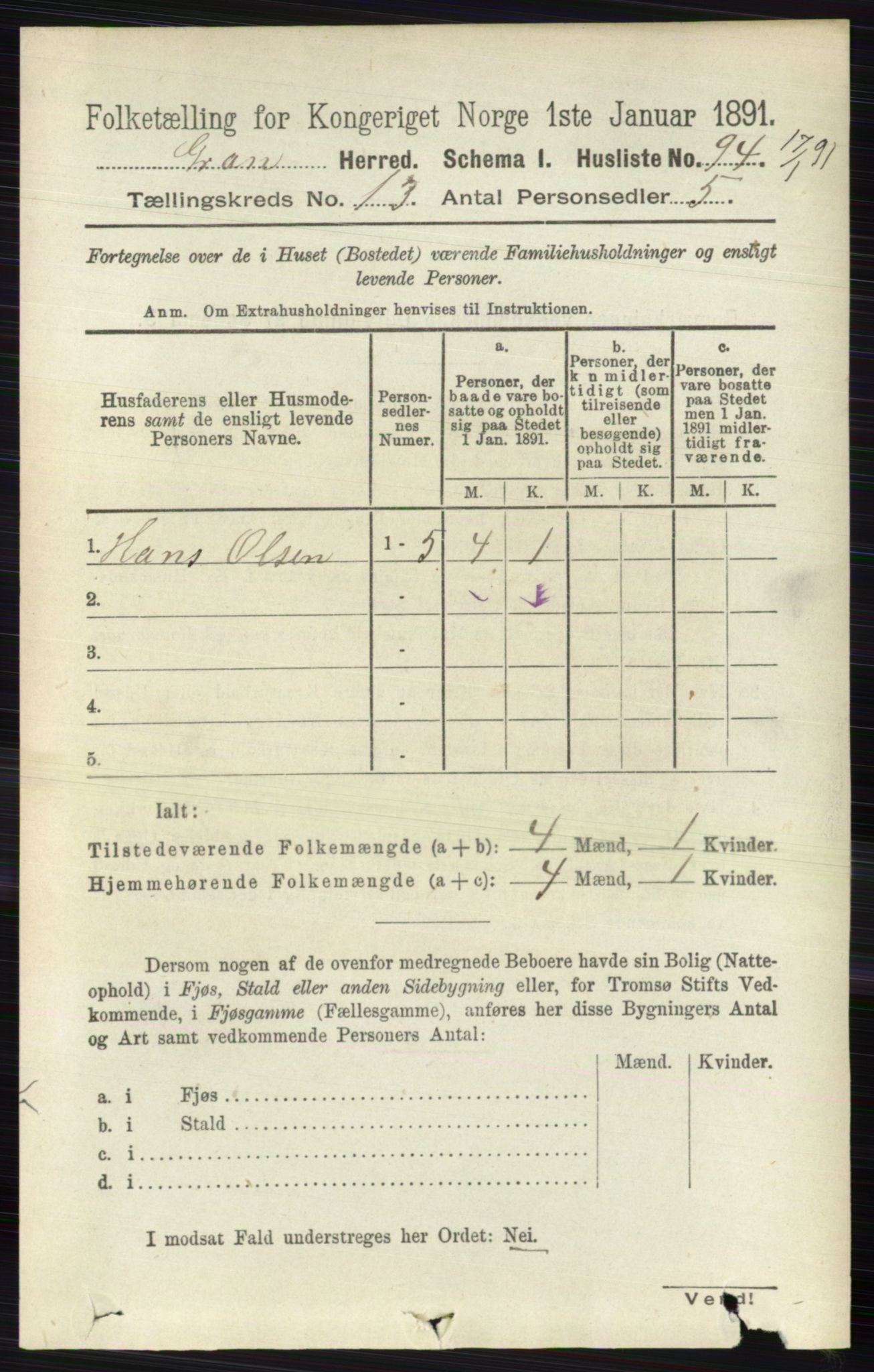 RA, Folketelling 1891 for 0534 Gran herred, 1891, s. 6876