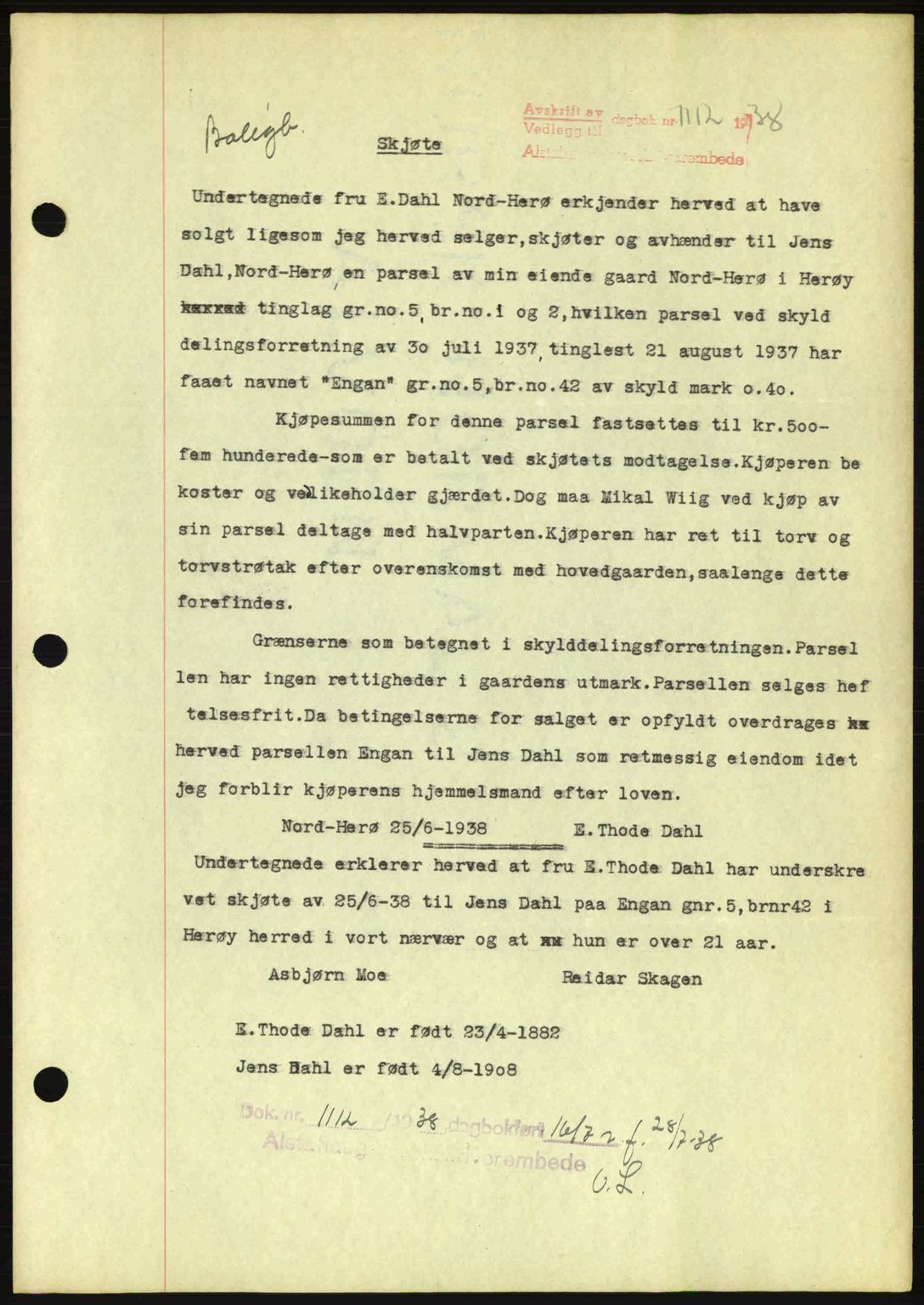 Alstahaug sorenskriveri, SAT/A-1009: Pantebok nr. A3, 1937-1938, Dagboknr: 1112/1938