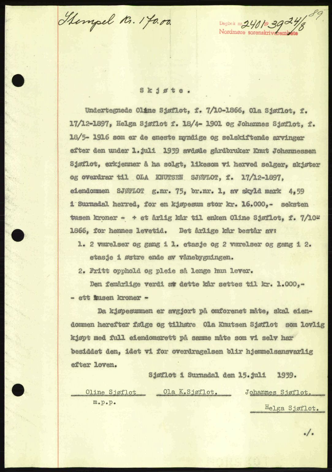 Nordmøre sorenskriveri, SAT/A-4132/1/2/2Ca: Pantebok nr. A87, 1939-1940, Dagboknr: 2401/1939