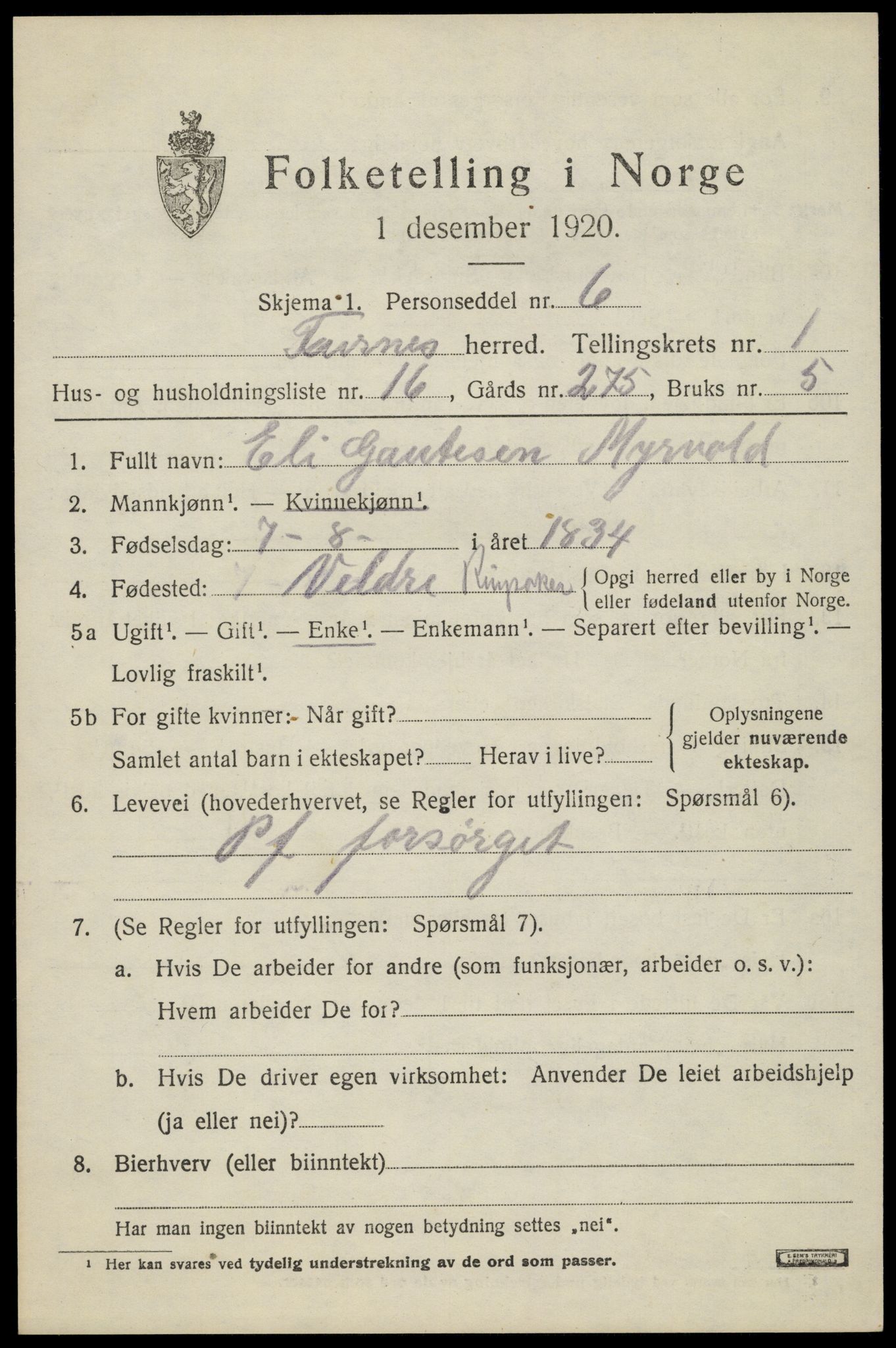 SAH, Folketelling 1920 for 0413 Furnes herred, 1920, s. 1831