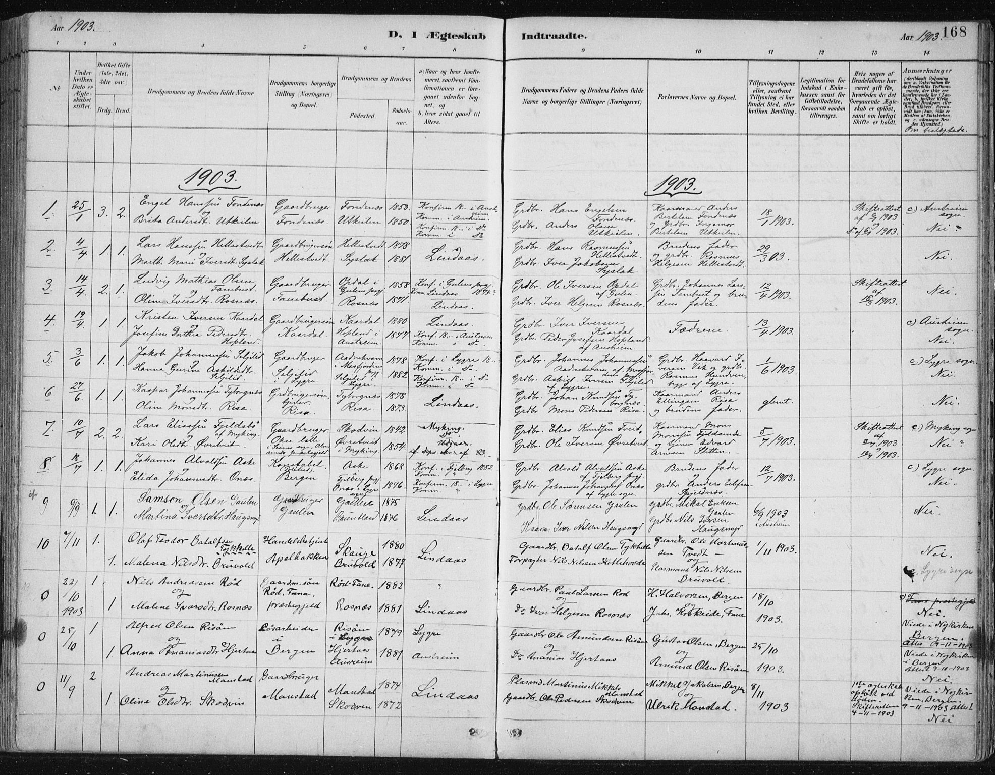 Lindås Sokneprestembete, AV/SAB-A-76701/H/Hab/Habb/L0003: Klokkerbok nr. B 3, 1886-1914, s. 168