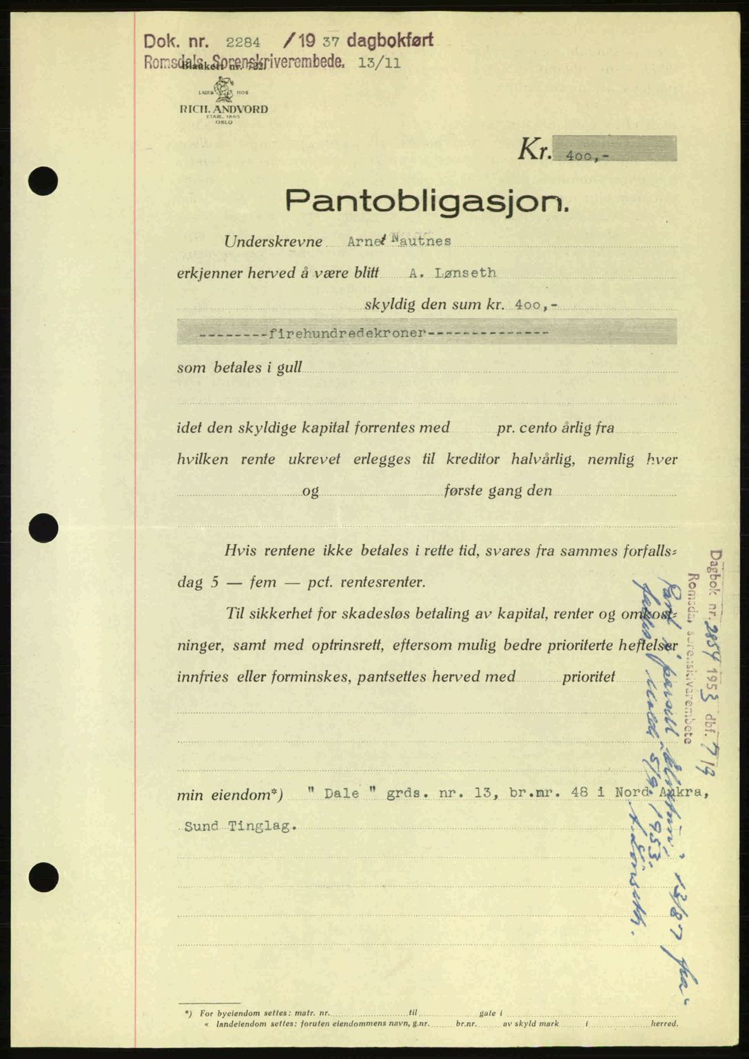 Romsdal sorenskriveri, SAT/A-4149/1/2/2C: Pantebok nr. B1, 1936-1939, Dagboknr: 2284/1937