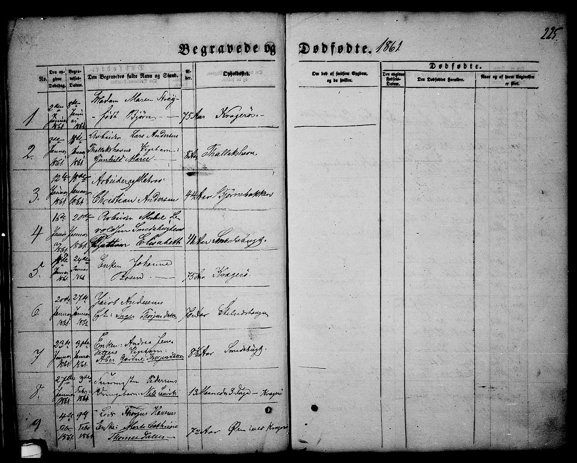 Kragerø kirkebøker, AV/SAKO-A-278/G/Ga/L0004: Klokkerbok nr. 4, 1853-1865, s. 225