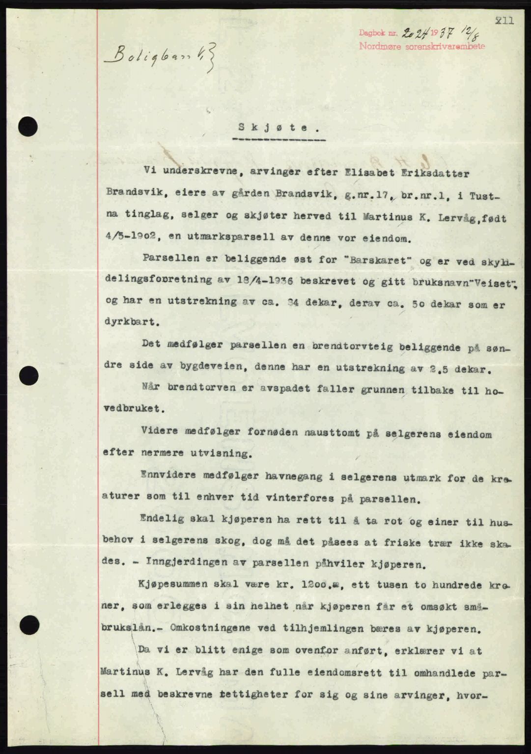 Nordmøre sorenskriveri, SAT/A-4132/1/2/2Ca: Pantebok nr. A82, 1937-1938, Dagboknr: 2024/1937