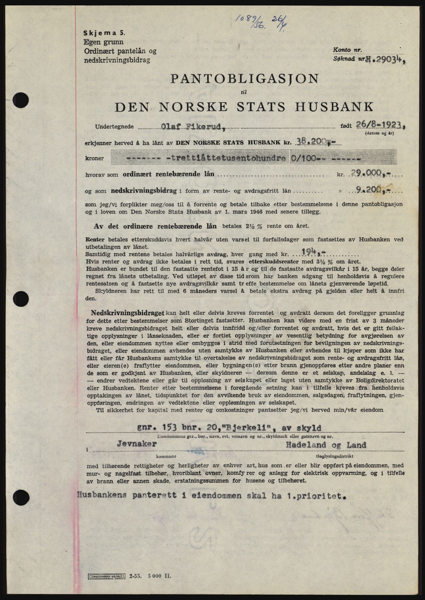 Hadeland og Land tingrett, AV/SAH-TING-010/H/Hb/Hbc/L0034: Pantebok nr. B34, 1956-1956, Dagboknr: 1089/1956