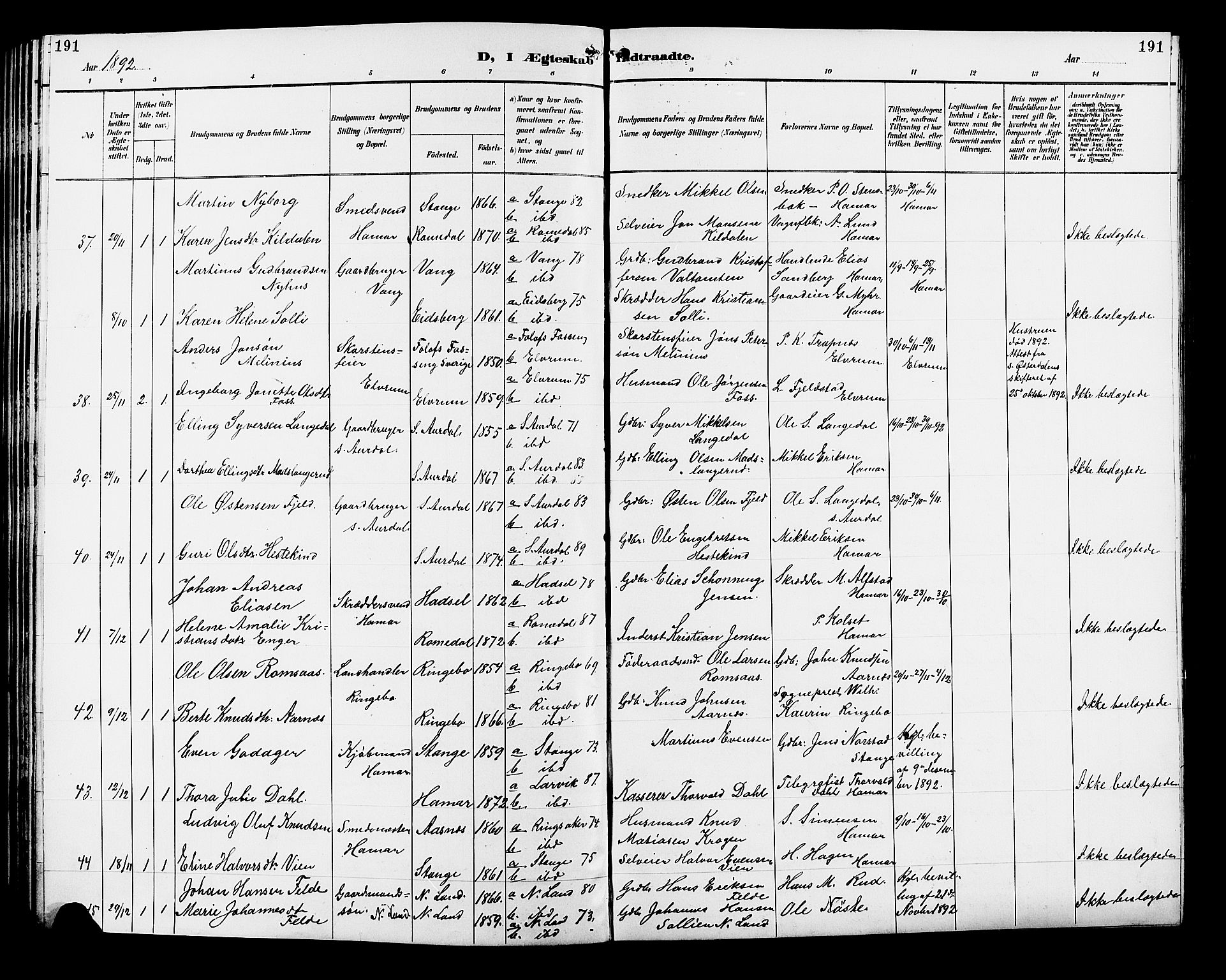Vang prestekontor, Hedmark, AV/SAH-PREST-008/H/Ha/Hab/L0013: Klokkerbok nr. 13, 1890-1899, s. 191