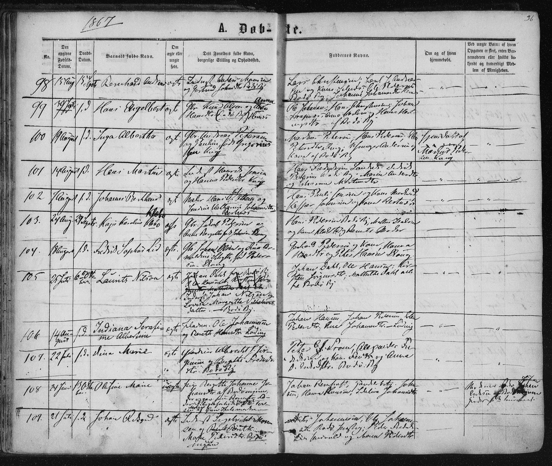 Ministerialprotokoller, klokkerbøker og fødselsregistre - Nordland, AV/SAT-A-1459/801/L0008: Ministerialbok nr. 801A08, 1864-1875, s. 36