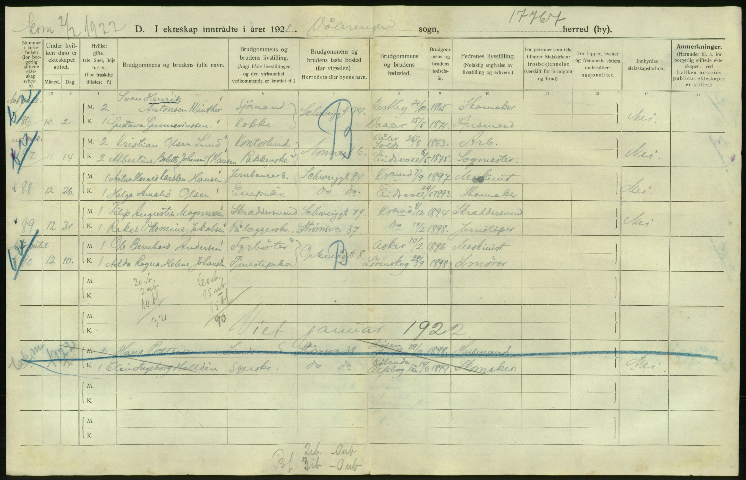 Statistisk sentralbyrå, Sosiodemografiske emner, Befolkning, AV/RA-S-2228/D/Df/Dfc/Dfca/L0011: Kristiania: Gifte, 1921, s. 750