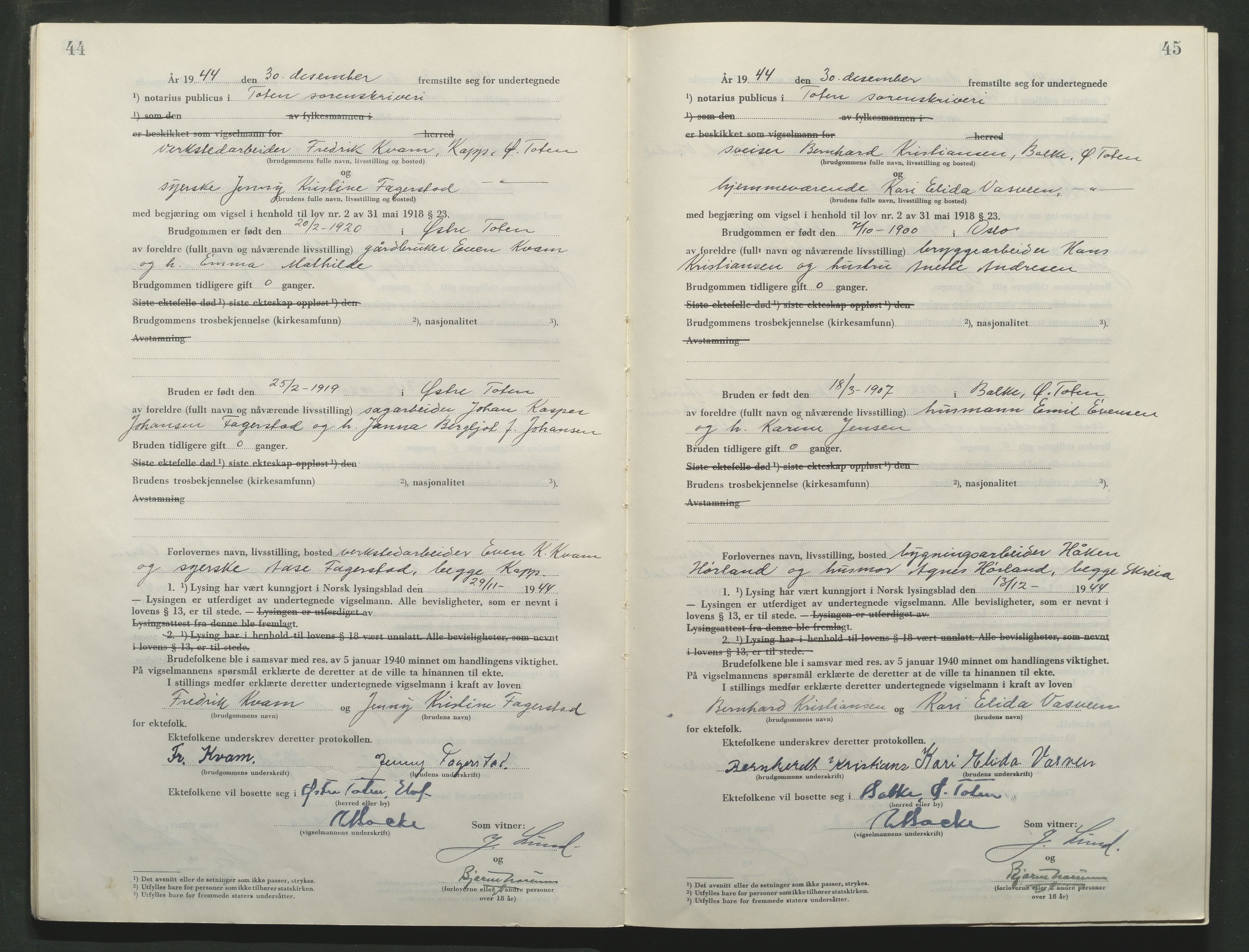 Toten tingrett, AV/SAH-TING-006/L/Lc/L0005: Vigselbok, 1944-1948, s. 44-45