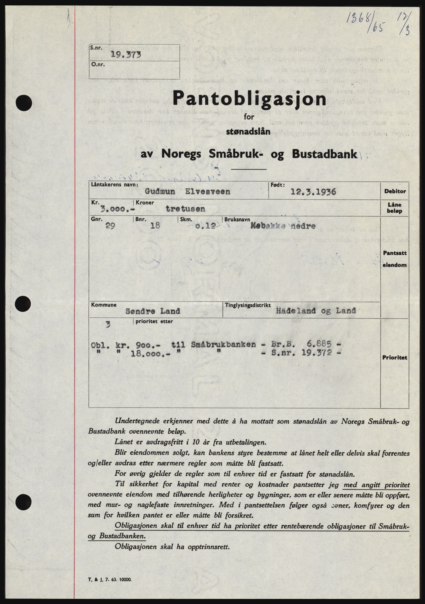 Hadeland og Land tingrett, SAH/TING-010/H/Hb/Hbc/L0058: Pantebok nr. B58, 1965-1965, Dagboknr: 1368/1965
