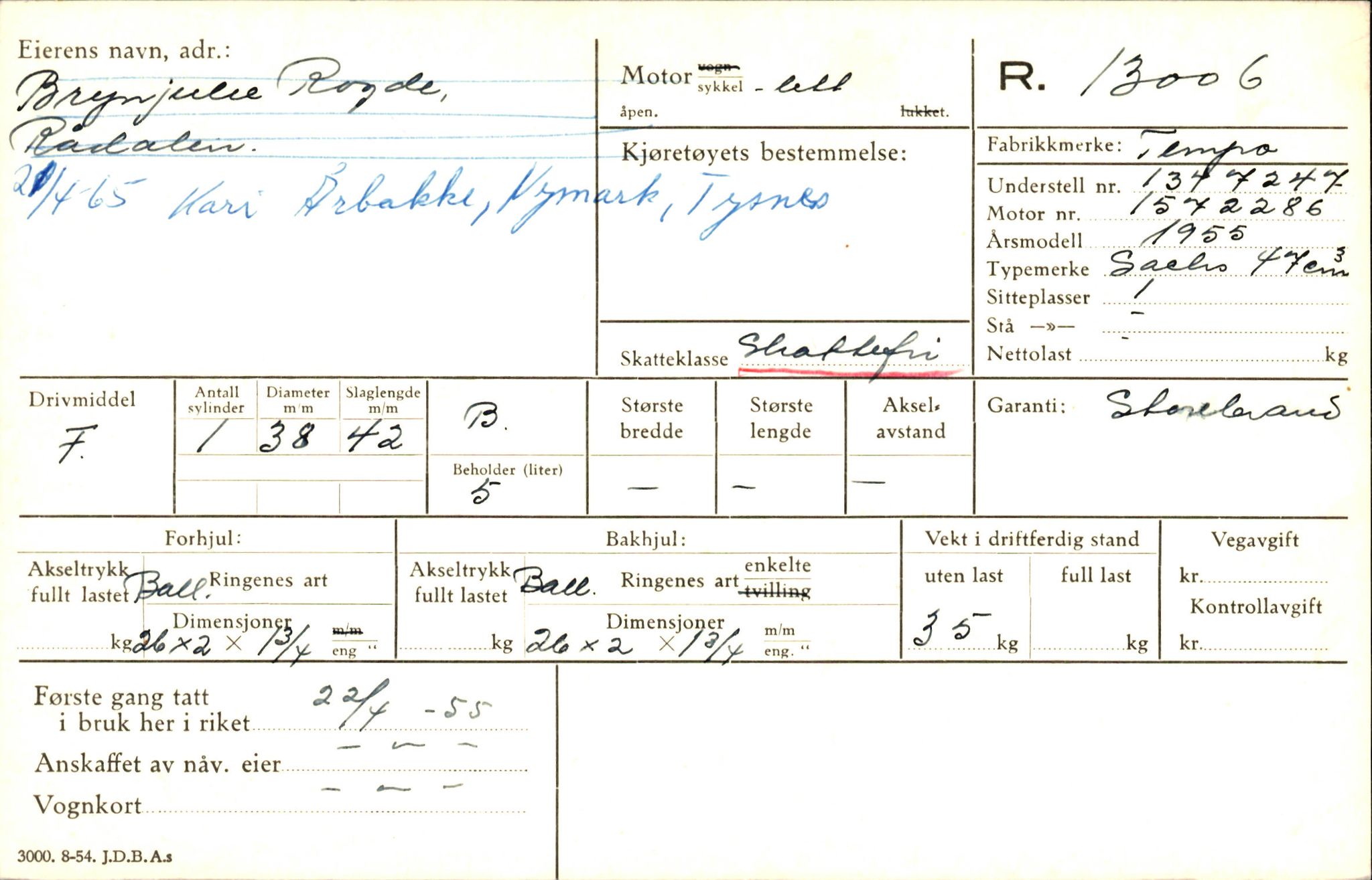 Statens vegvesen, Hordaland vegkontor, AV/SAB-A-5201/2/O/Oa/L0015: Motorsykkel/moped - R13000-13999, 1950-1970, s. 2