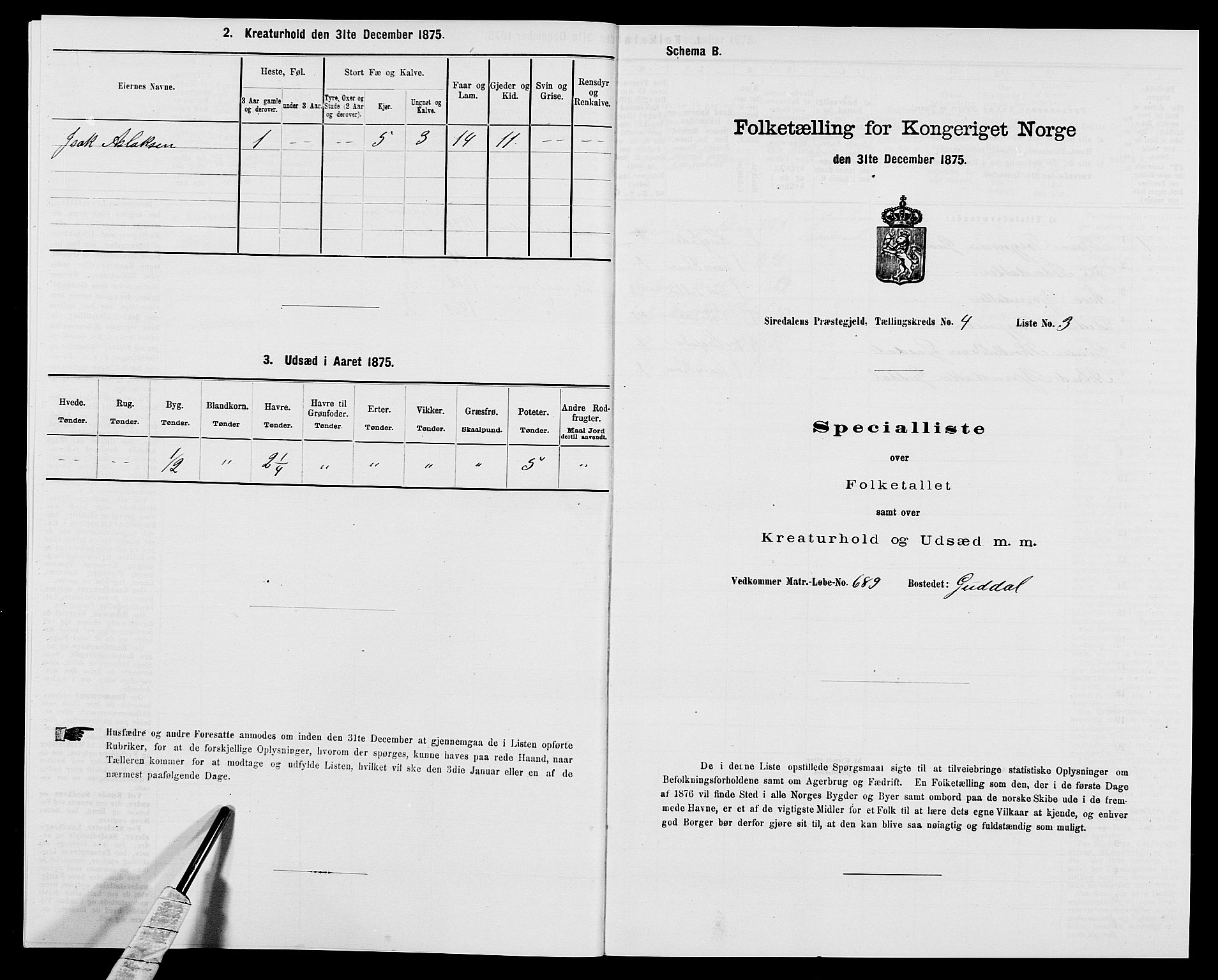 SAK, Folketelling 1875 for 1046P Sirdal prestegjeld, 1875, s. 339