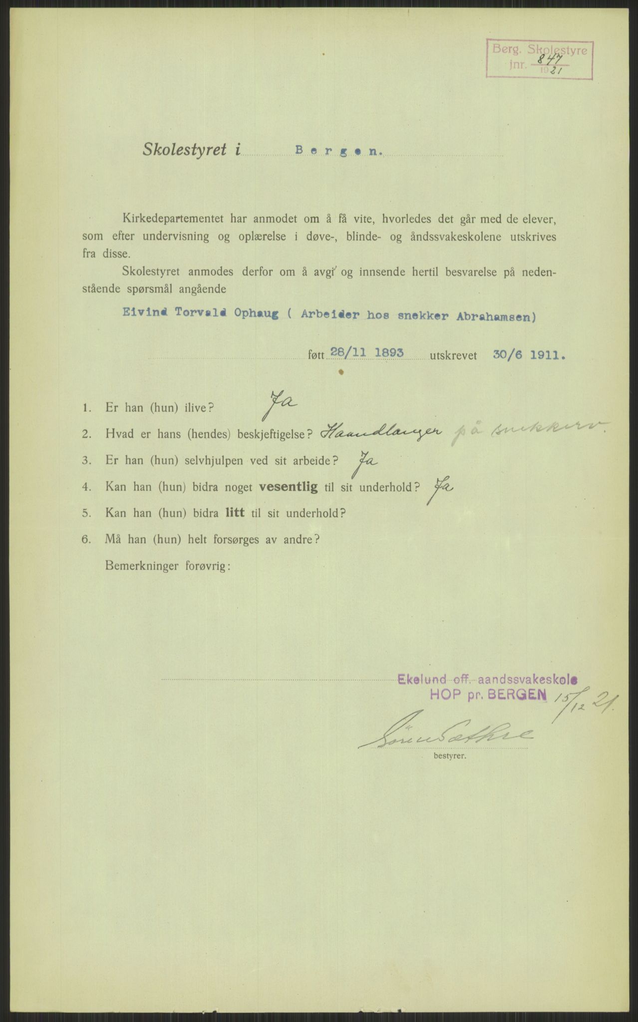 Kirke- og undervisningsdepartementet, 1. skolekontor D, AV/RA-S-1021/F/Fh/Fhl/L0044: Hvor blir det av elevene?, 1911-1921, s. 437