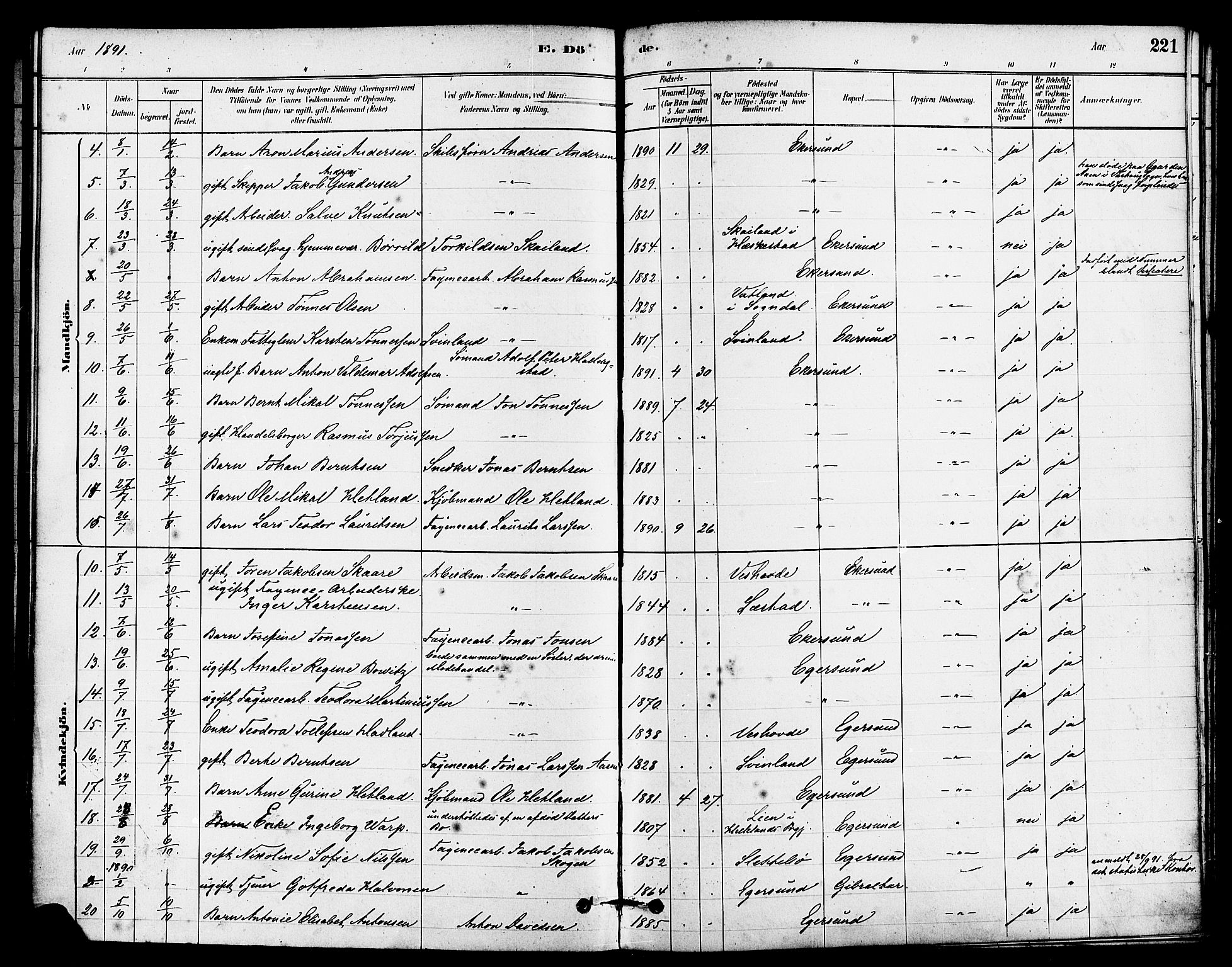 Eigersund sokneprestkontor, SAST/A-101807/S08/L0015: Ministerialbok nr. A 15, 1879-1892, s. 221