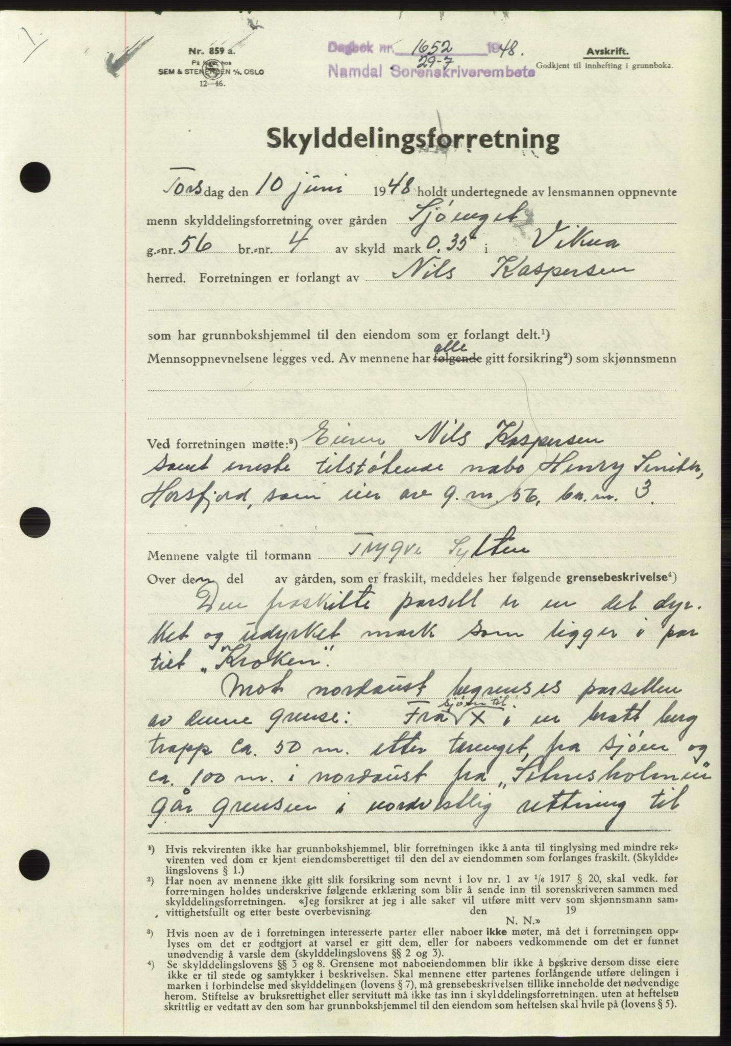 Namdal sorenskriveri, SAT/A-4133/1/2/2C: Pantebok nr. -, 1948-1948, Dagboknr: 1652/1948