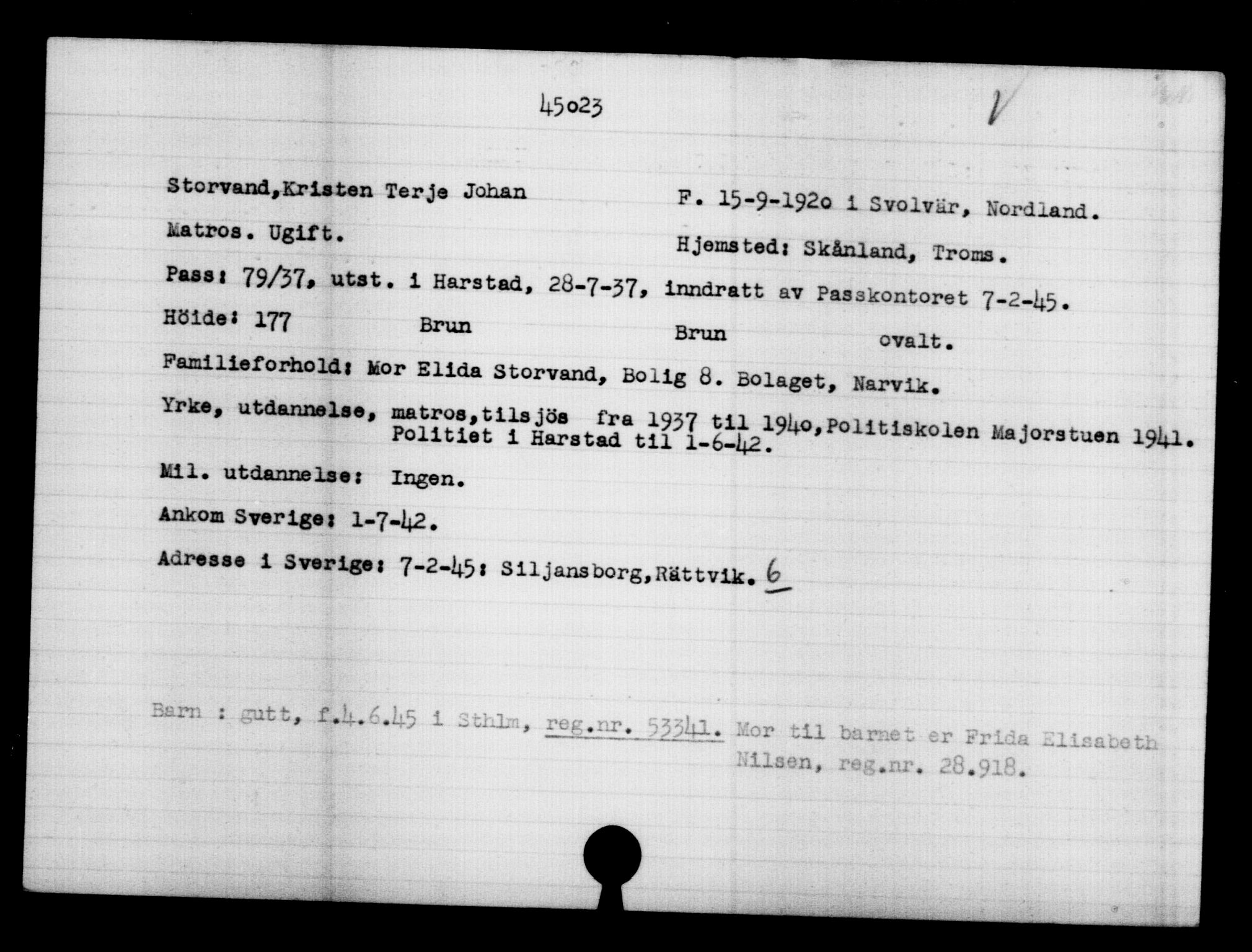 Utenriksstasjonene, Legasjonen i Stockholm, Flyktningkontoret, AV/RA-S-6753/V/Va/L0017: Kjesäterkartoteket, flyktninger med registreringsnr. 43400-46318, 1940-1945, s. 1697