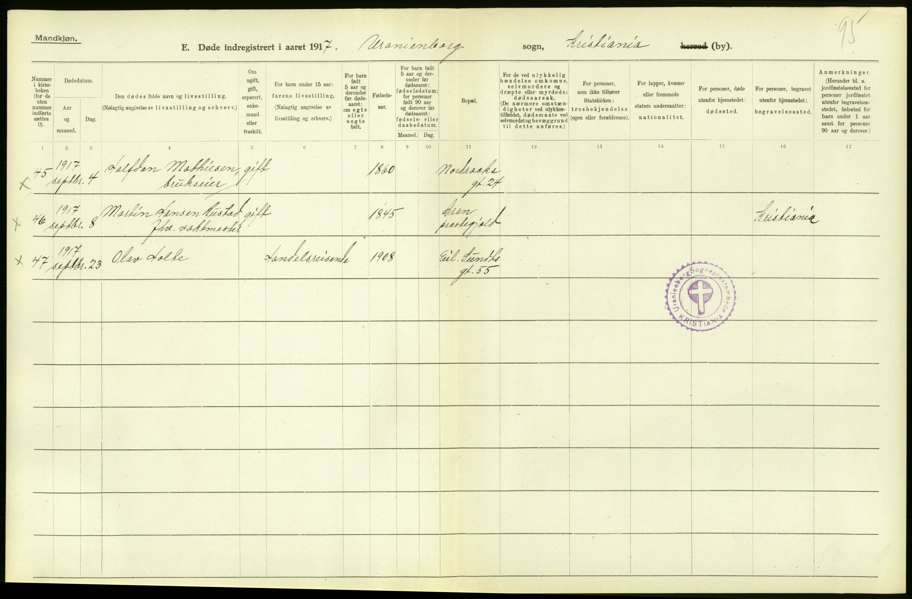 Statistisk sentralbyrå, Sosiodemografiske emner, Befolkning, AV/RA-S-2228/D/Df/Dfb/Dfbg/L0010: Kristiania: Døde, 1917, s. 452