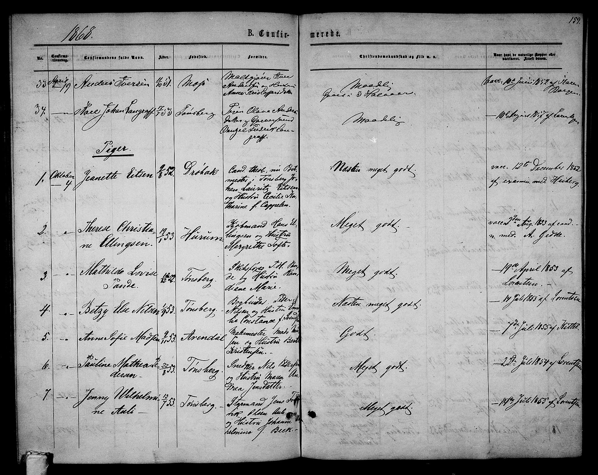 Tønsberg kirkebøker, AV/SAKO-A-330/G/Ga/L0004: Klokkerbok nr. 4, 1865-1874, s. 159